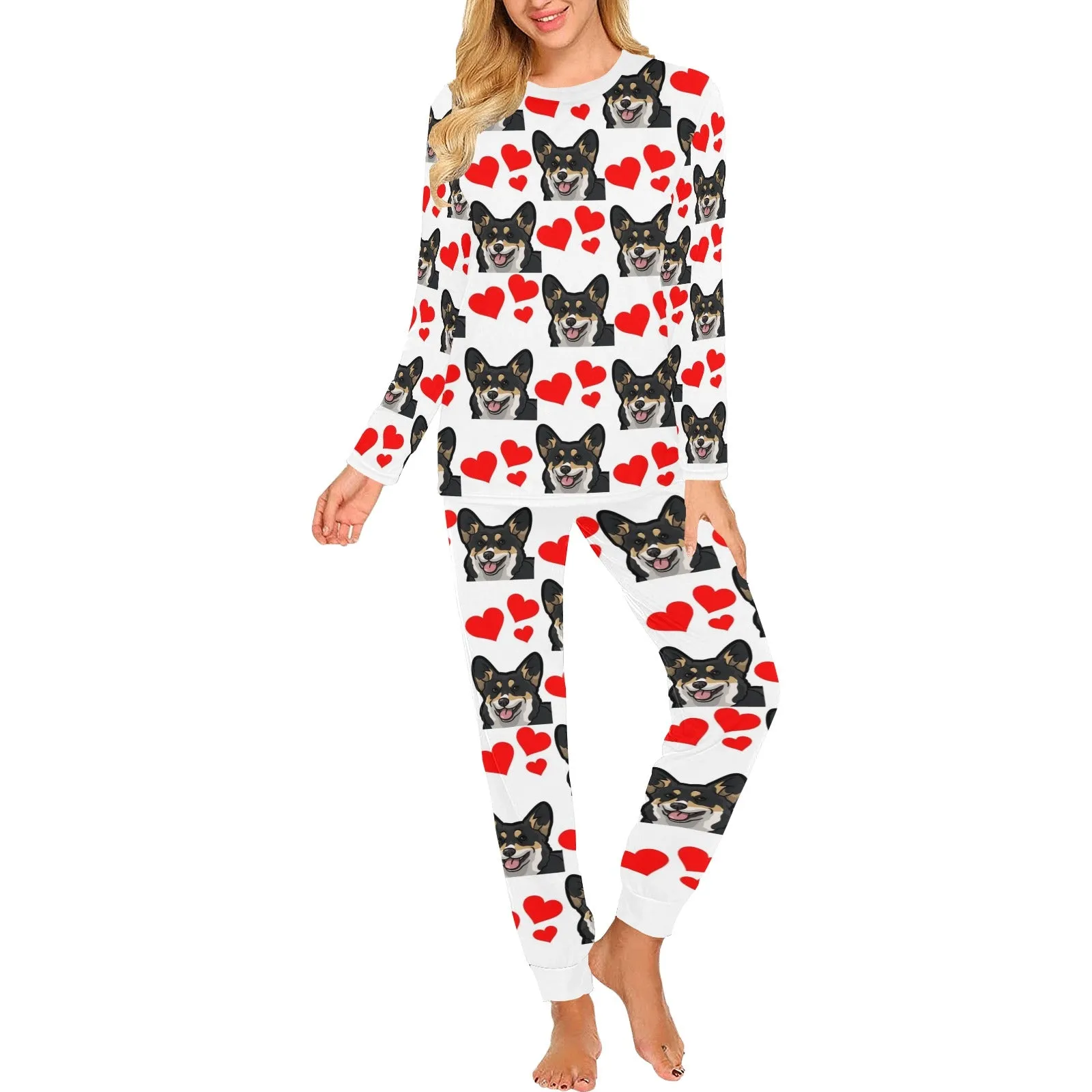 2 Piece Corgi Hearts Long Tee Pajama Set