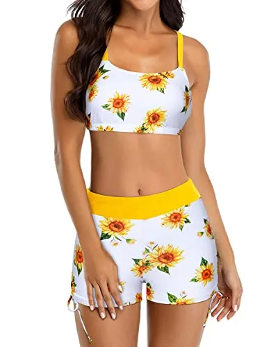 3 Piece Womens Tankini Swimsuits Boyshorts Athletic Bathing Suit-Yellow And Sunflower