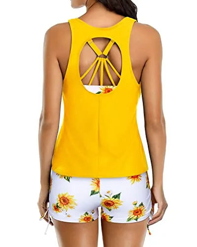 3 Piece Womens Tankini Swimsuits Boyshorts Athletic Bathing Suit-Yellow And Sunflower