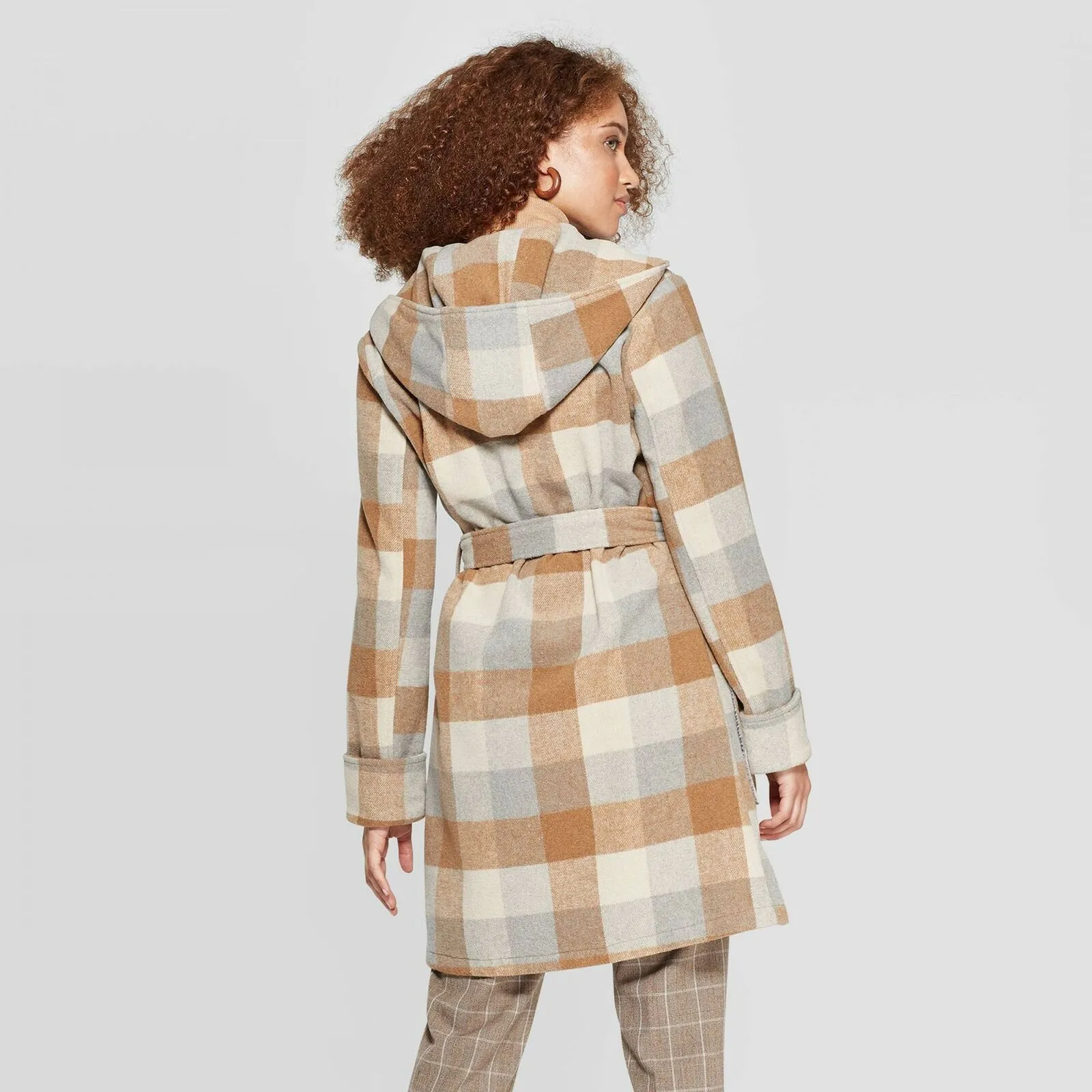 A New Day Women's Plaid Long Sleeve Hooded Wrap Jacket