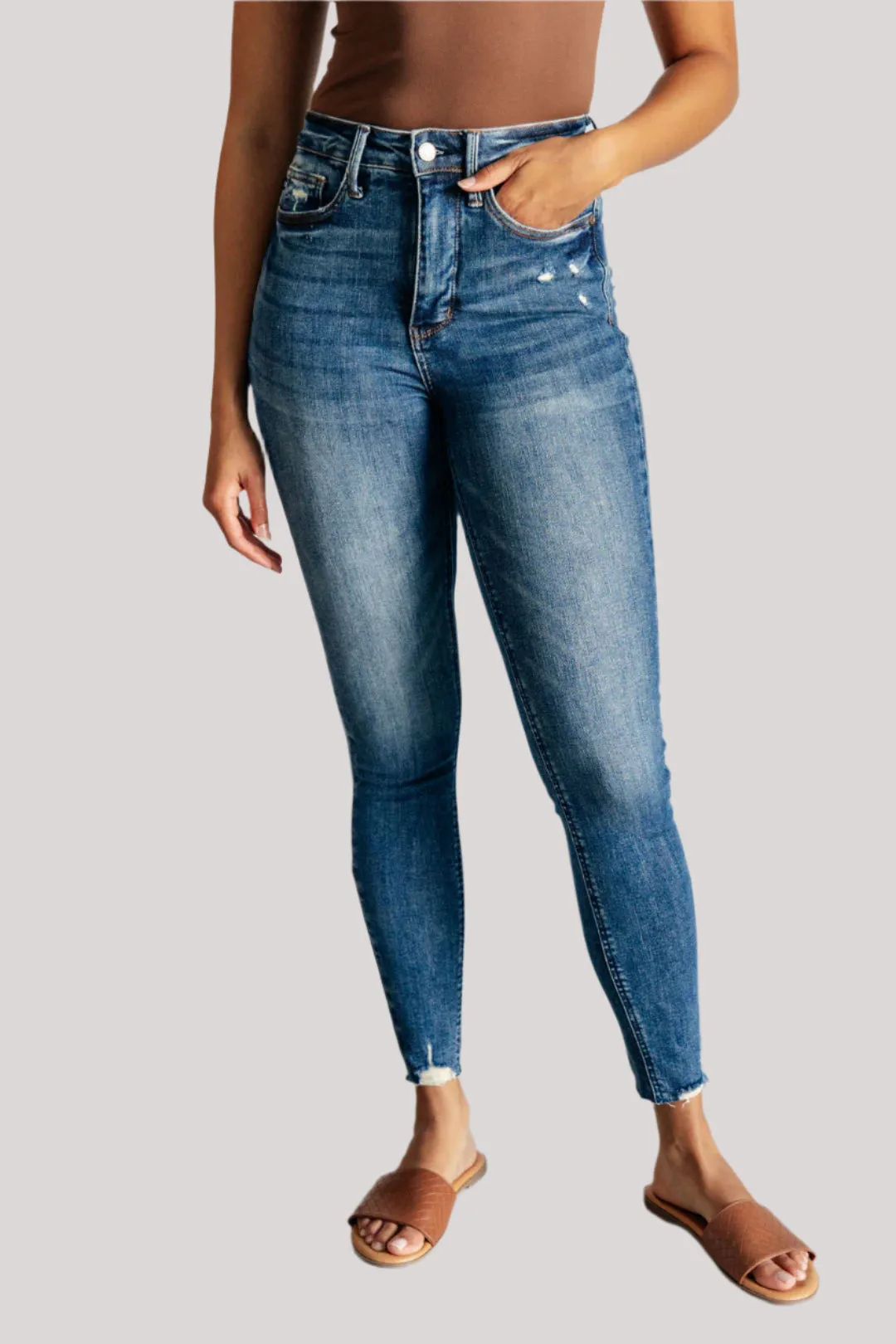 Alba High Rise Control Top Distressed Hem Skinny Jeans