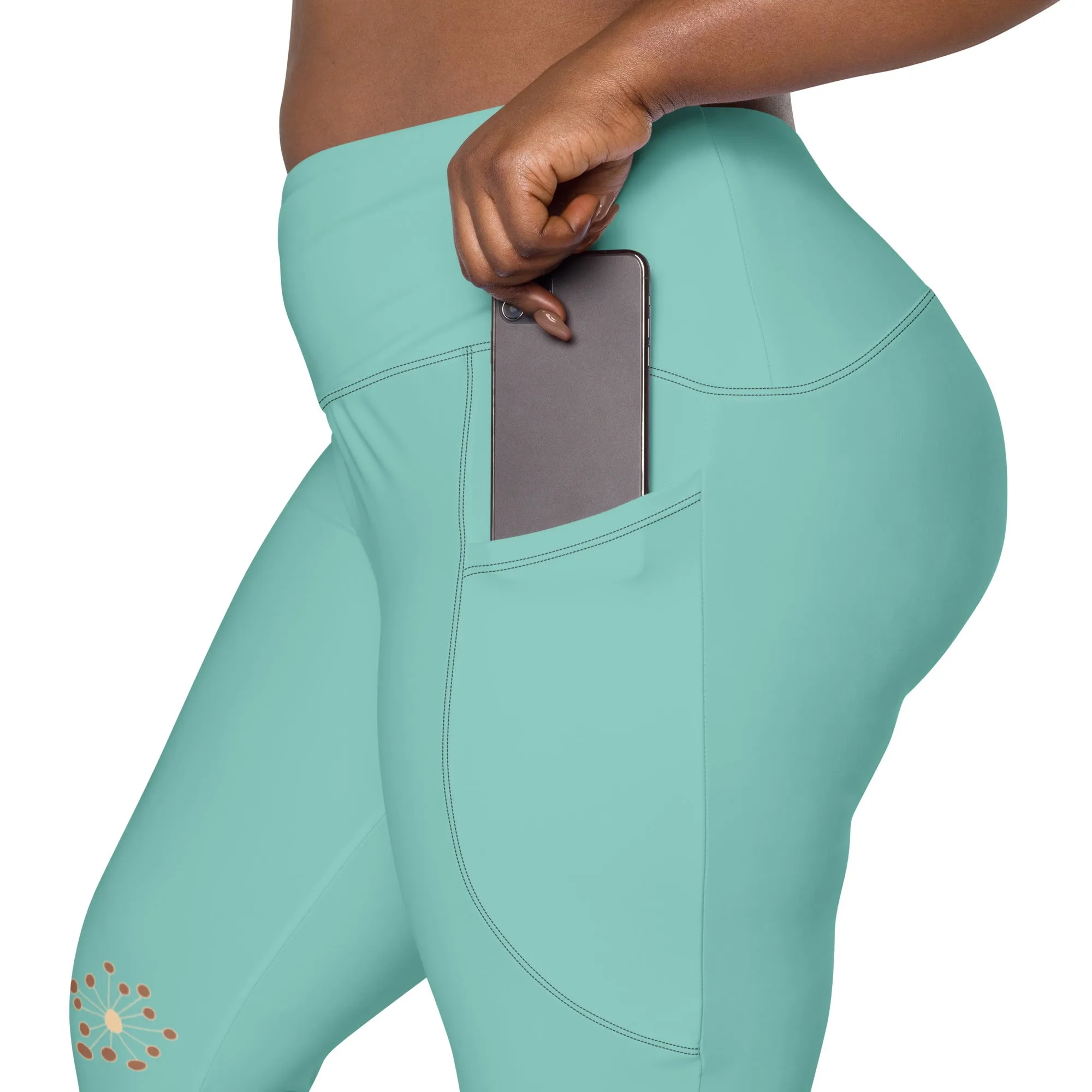 All Turquoise with a Touch of Flowers Leggings with pockets