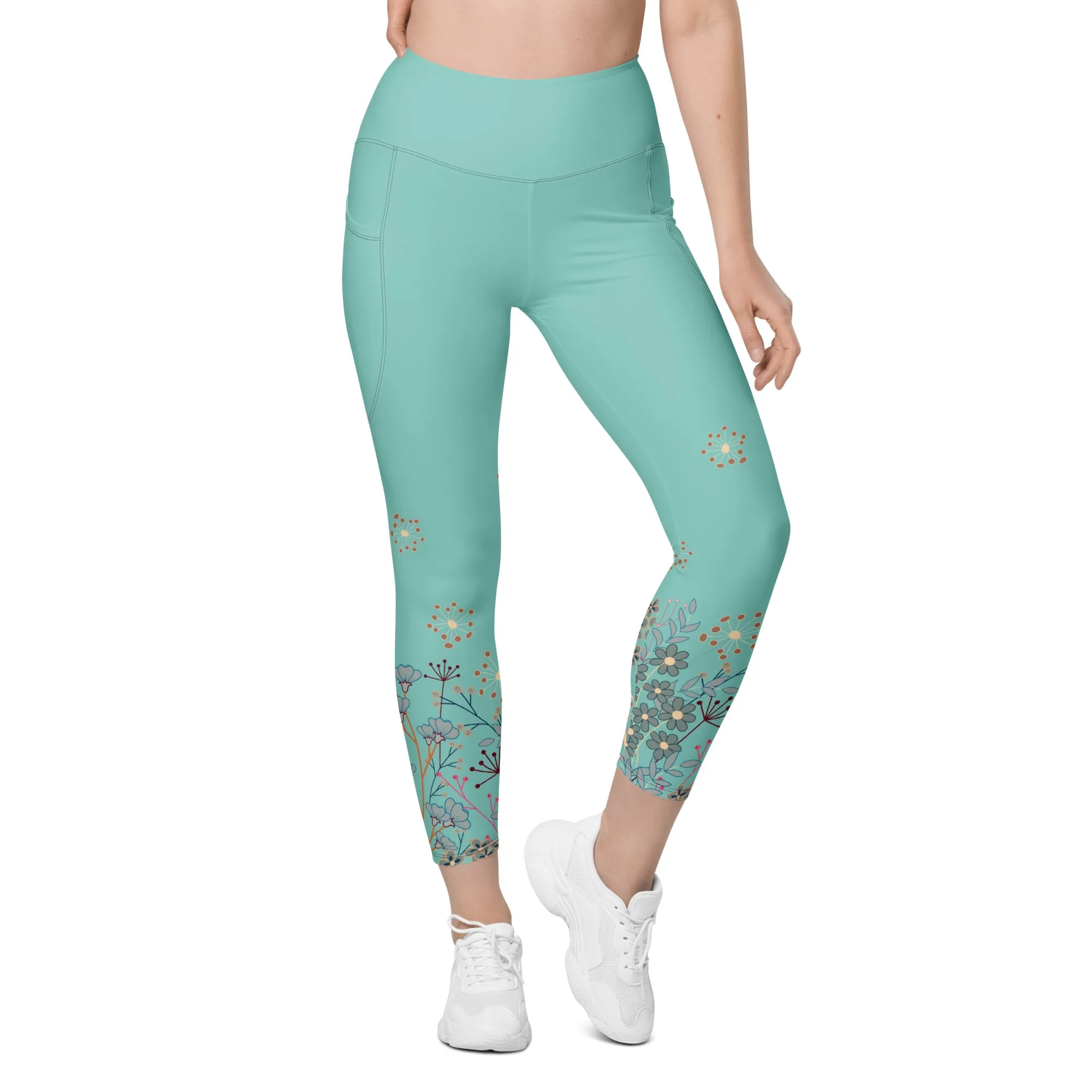 All Turquoise with a Touch of Flowers Leggings with pockets
