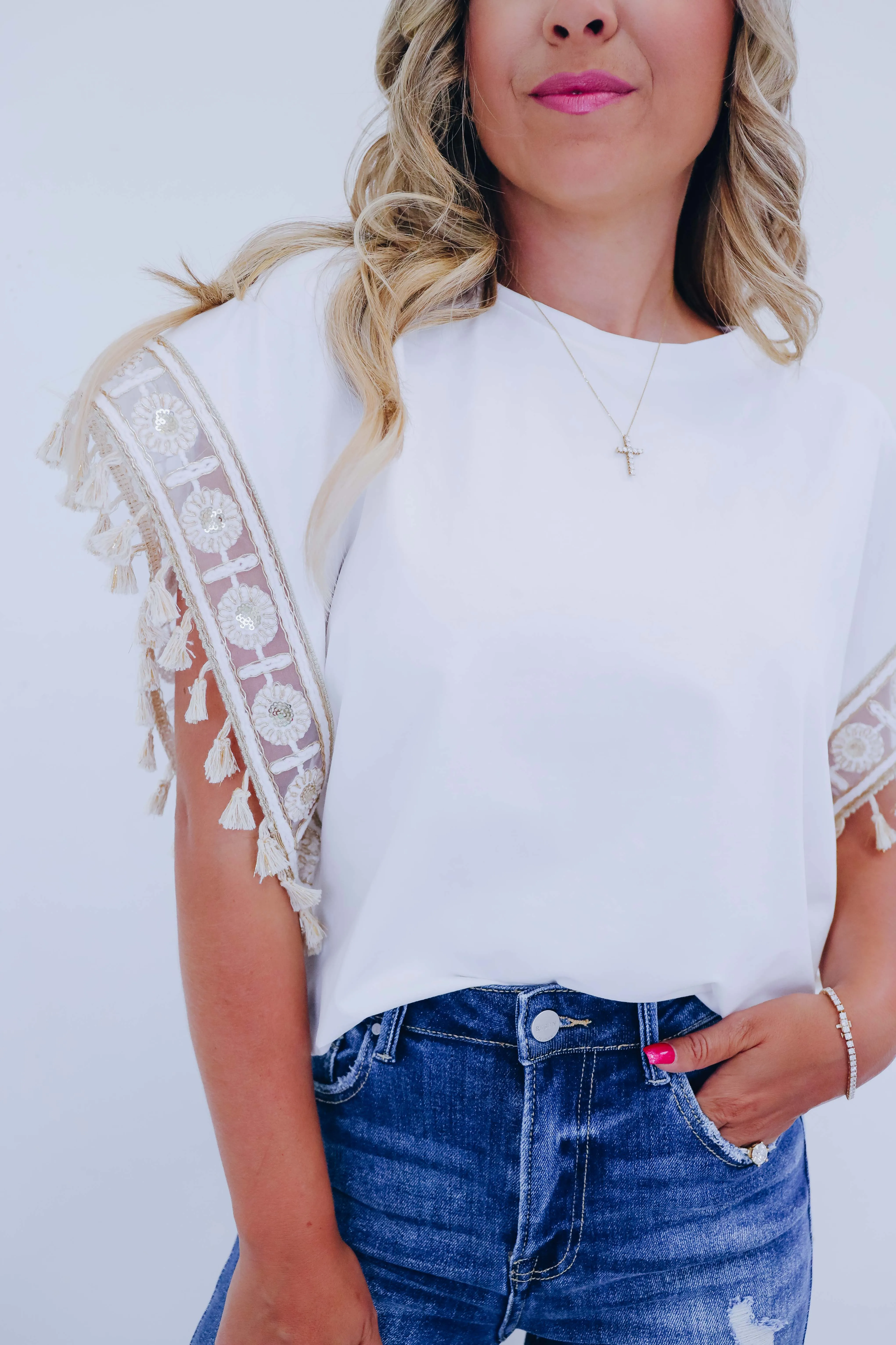 Amelia Embroidered Tassel Trim Top - 4 Colors