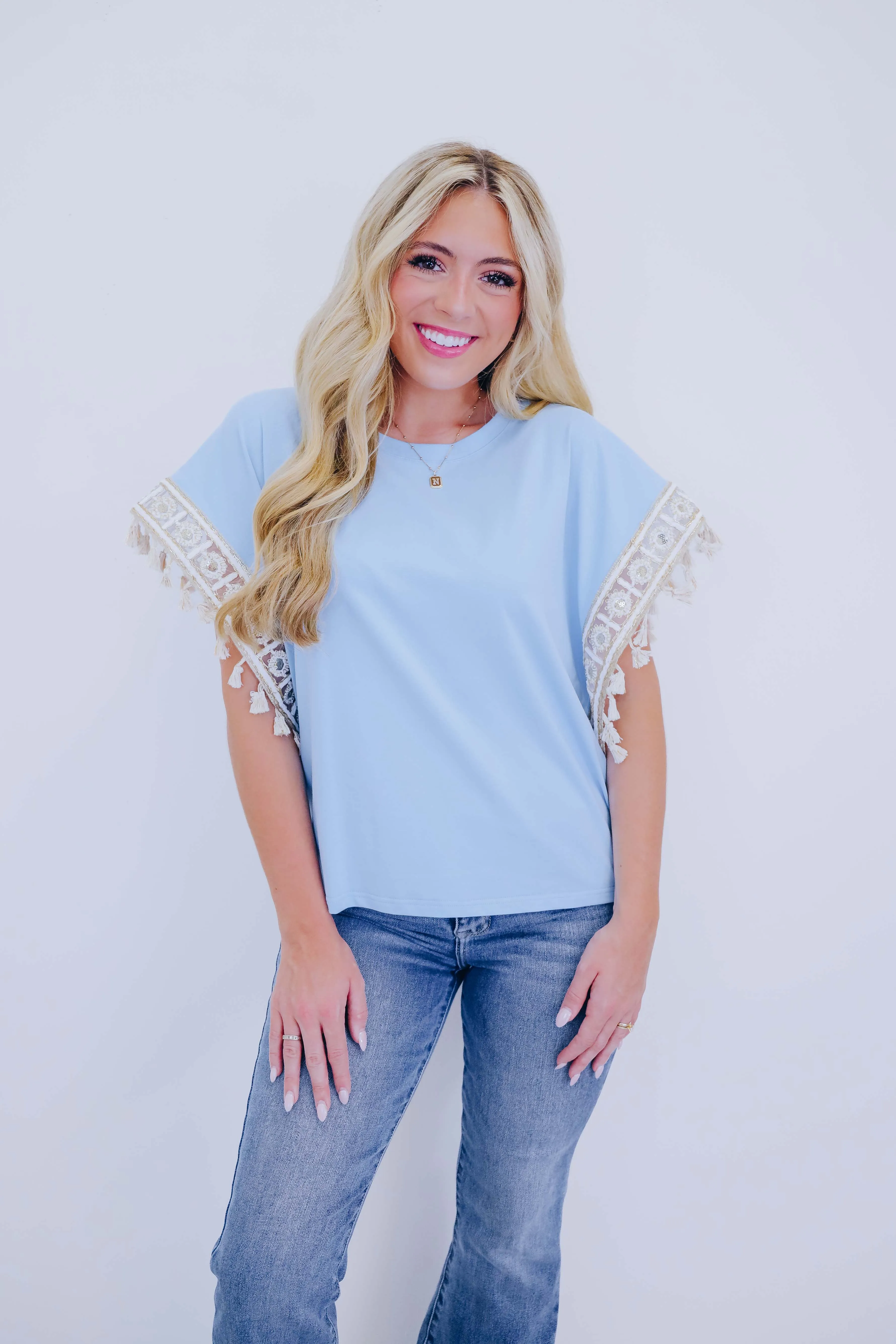Amelia Embroidered Tassel Trim Top - Blue