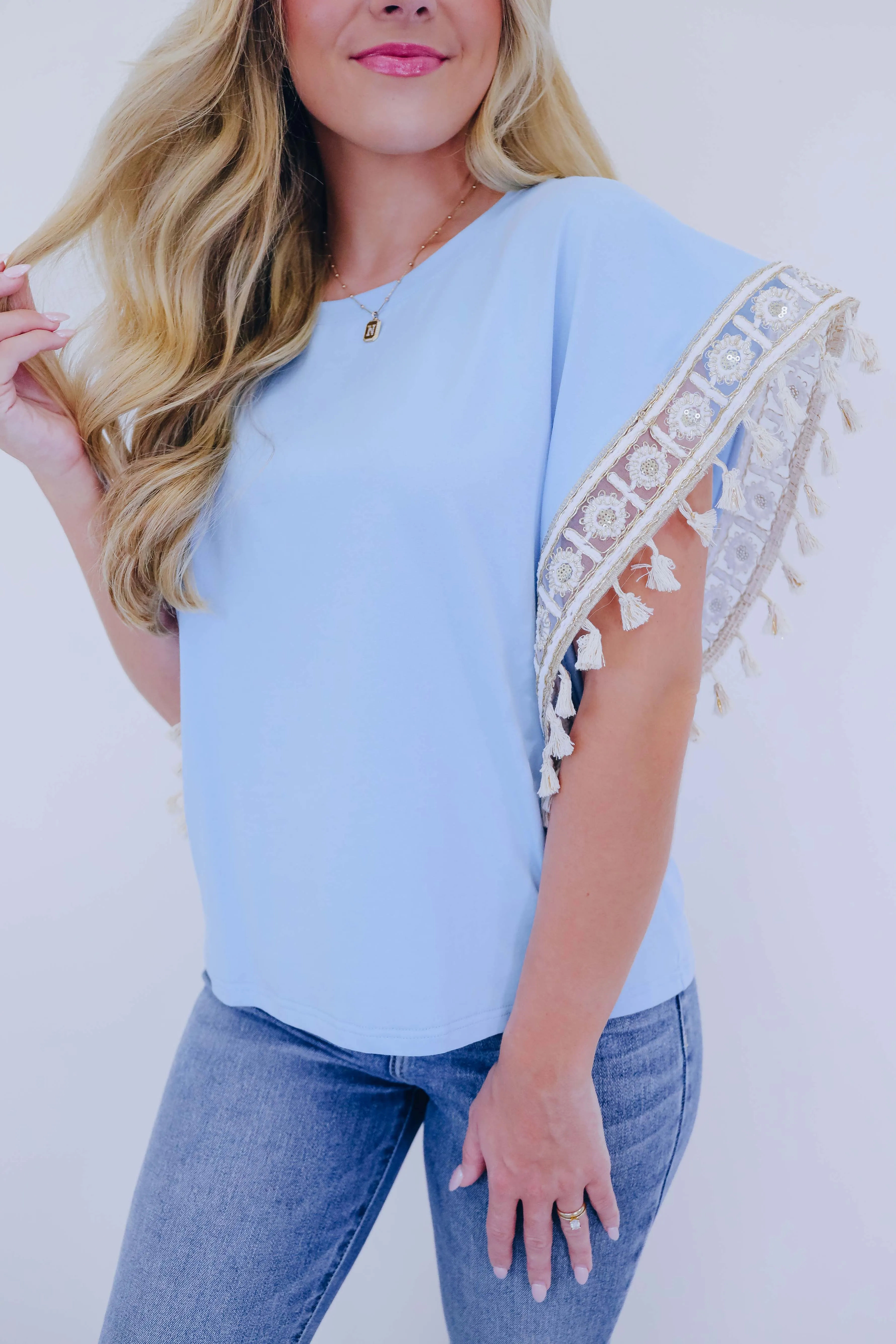 Amelia Embroidered Tassel Trim Top - Blue