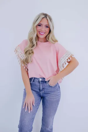 Amelia Embroidered Tassel Trim Top - Blush