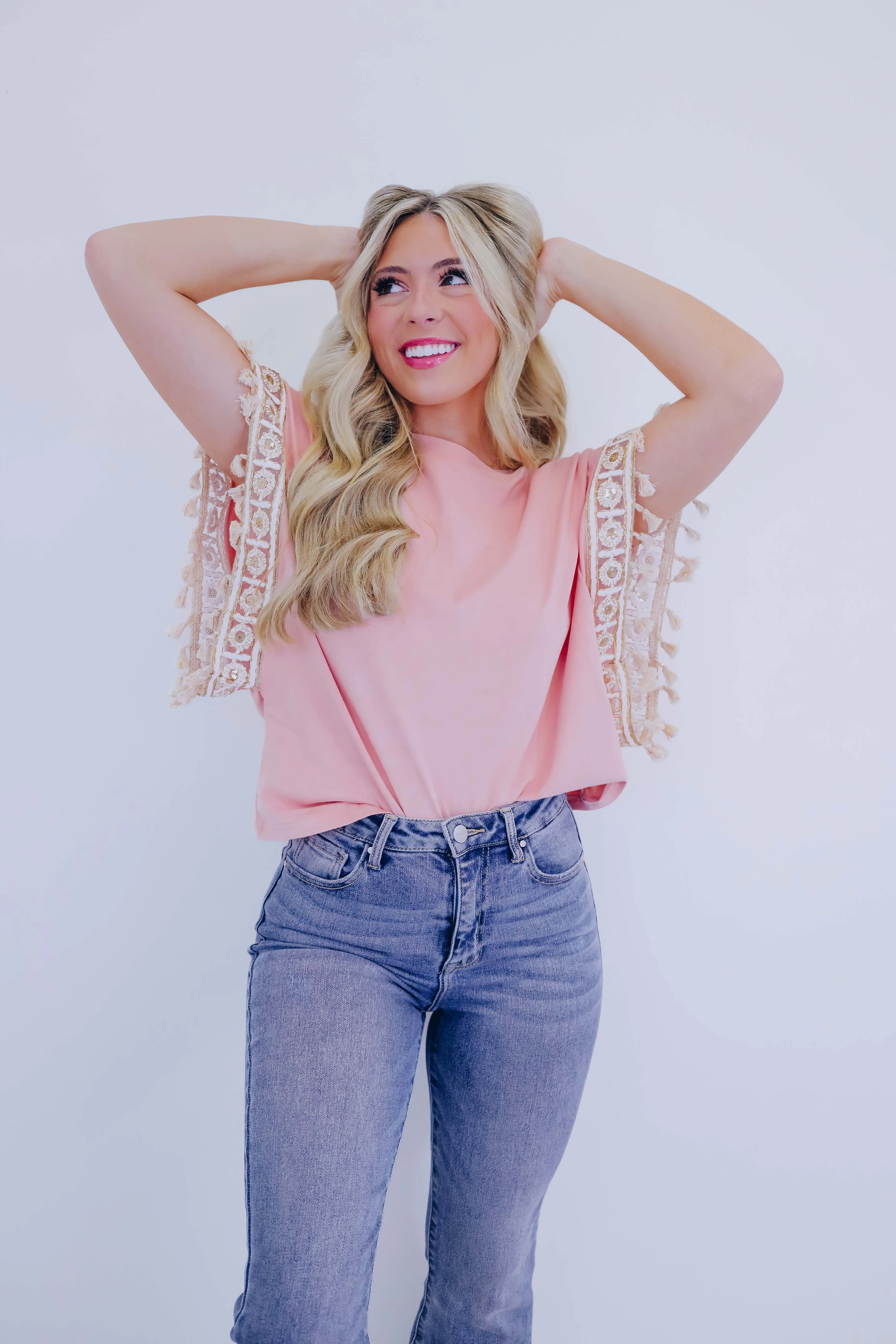 Amelia Embroidered Tassel Trim Top - Blush