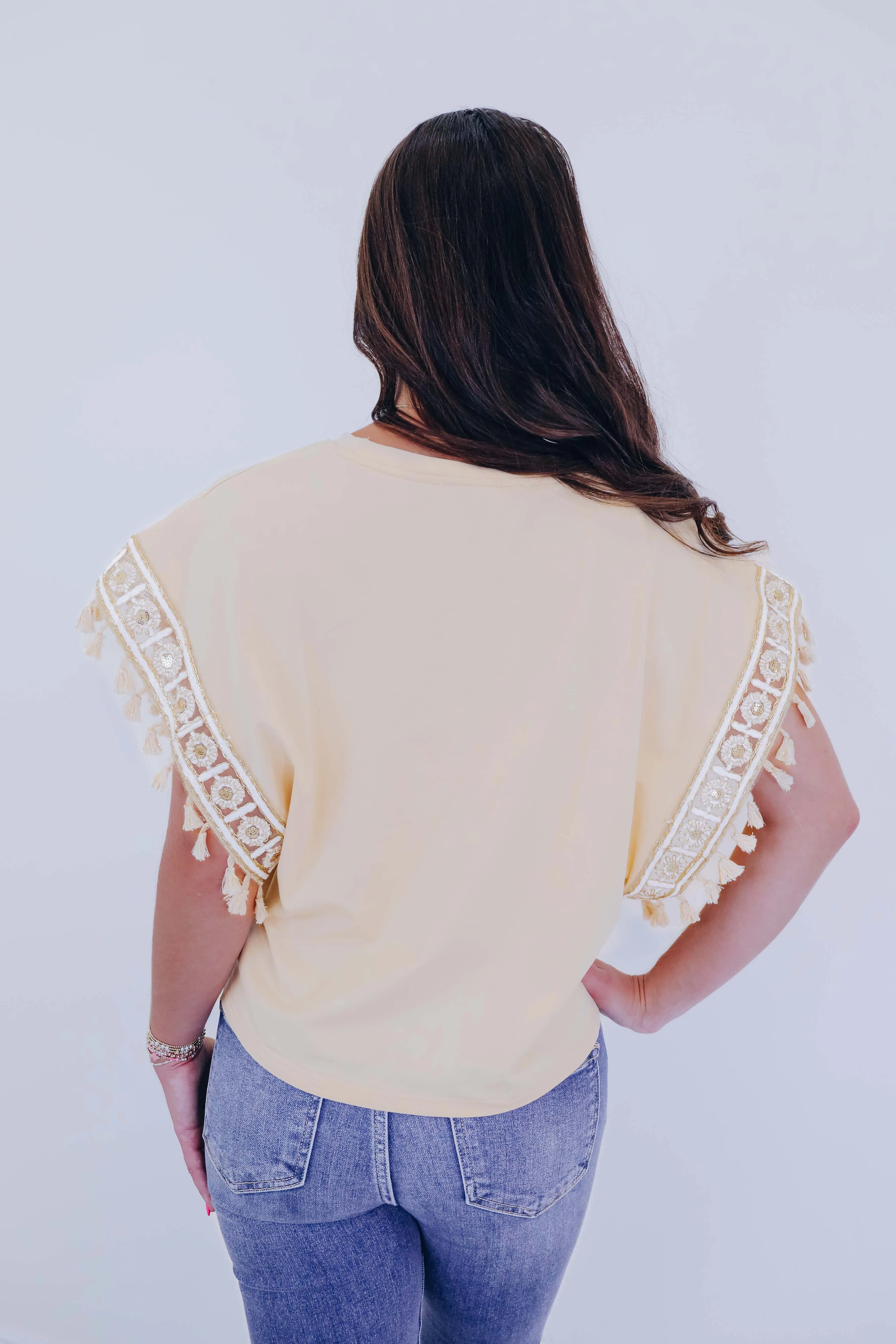Amelia Embroidered Tassel Trim Top - Taupe