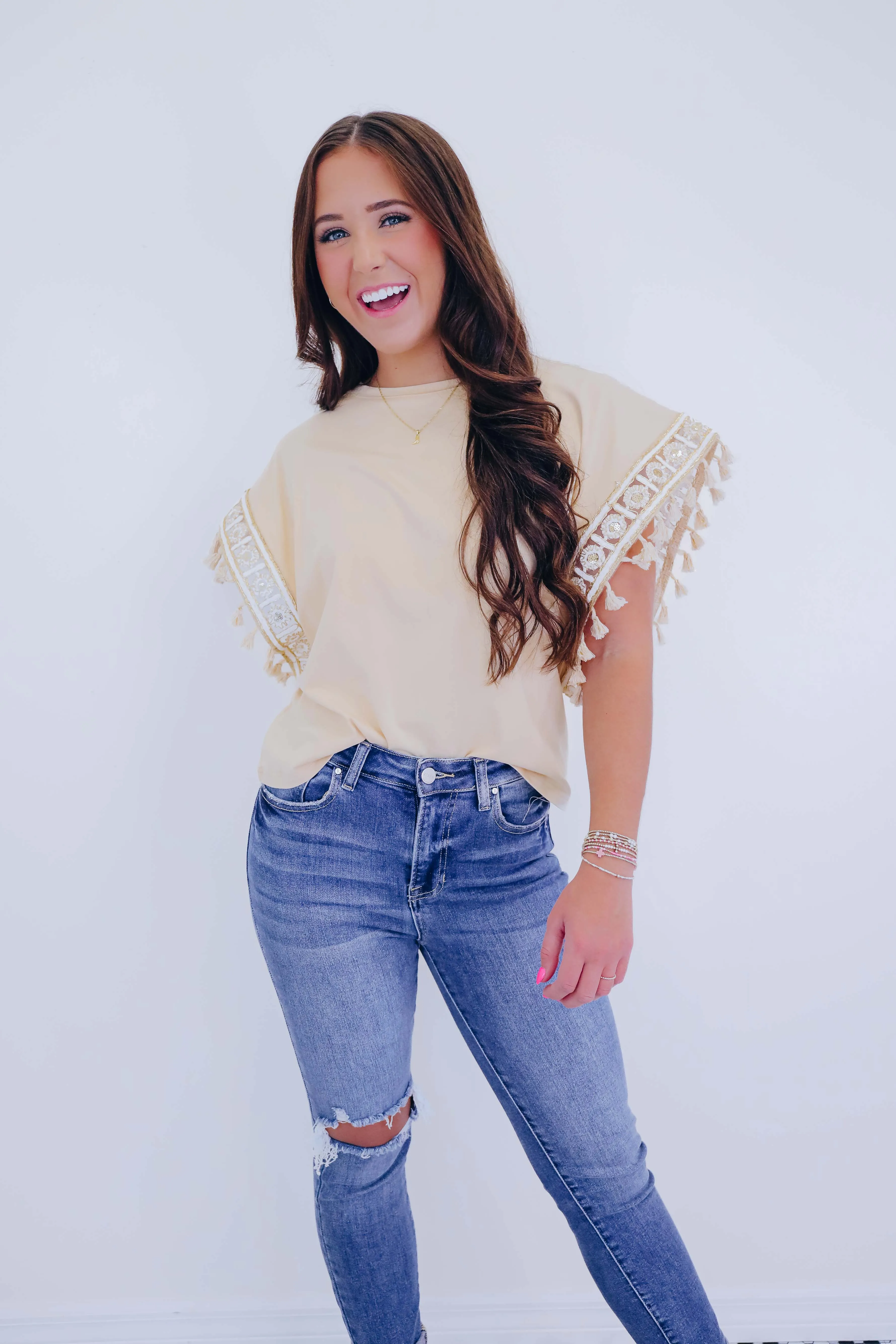 Amelia Embroidered Tassel Trim Top - Taupe