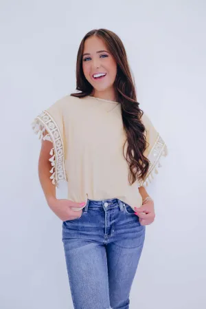 Amelia Embroidered Tassel Trim Top - Taupe