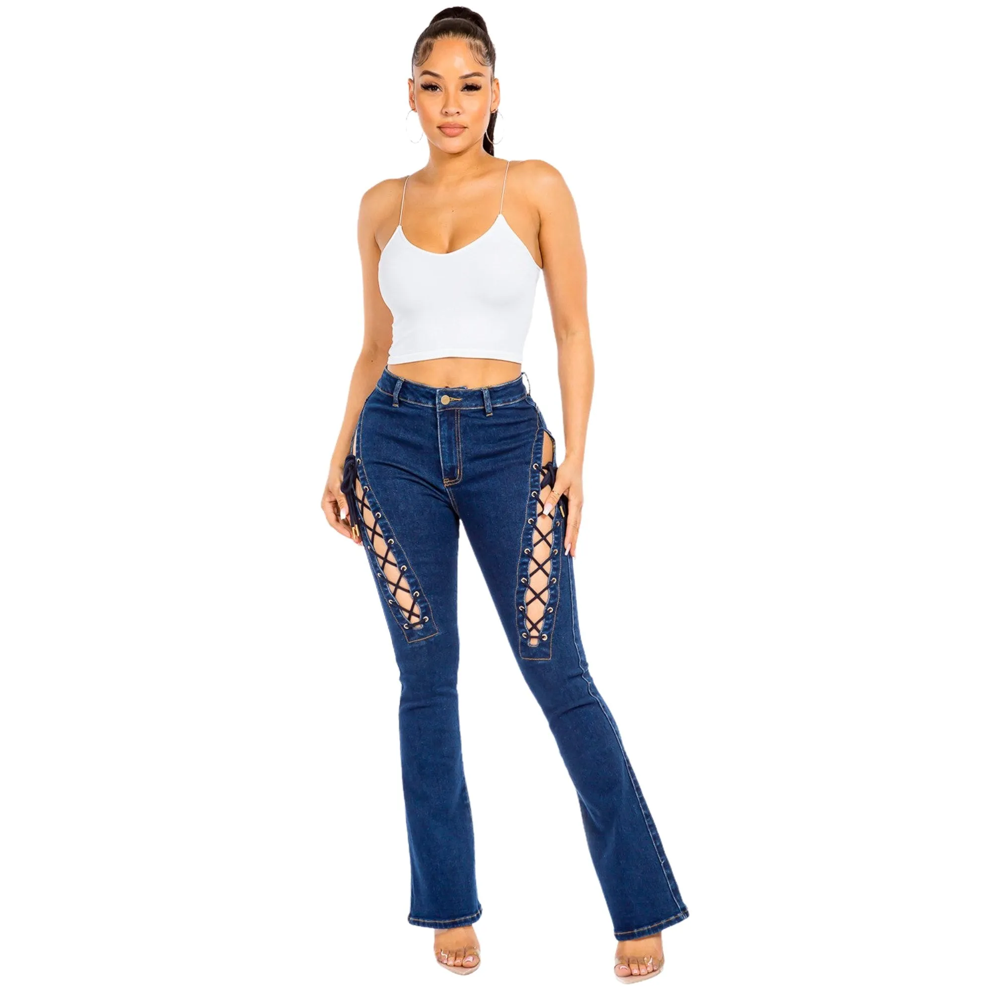 American Bazi High Rise Lace Up Denim Jeans