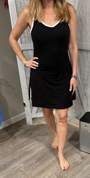 Athletic Wear!! Black/White Butter V Neck Piping One Piece Skort