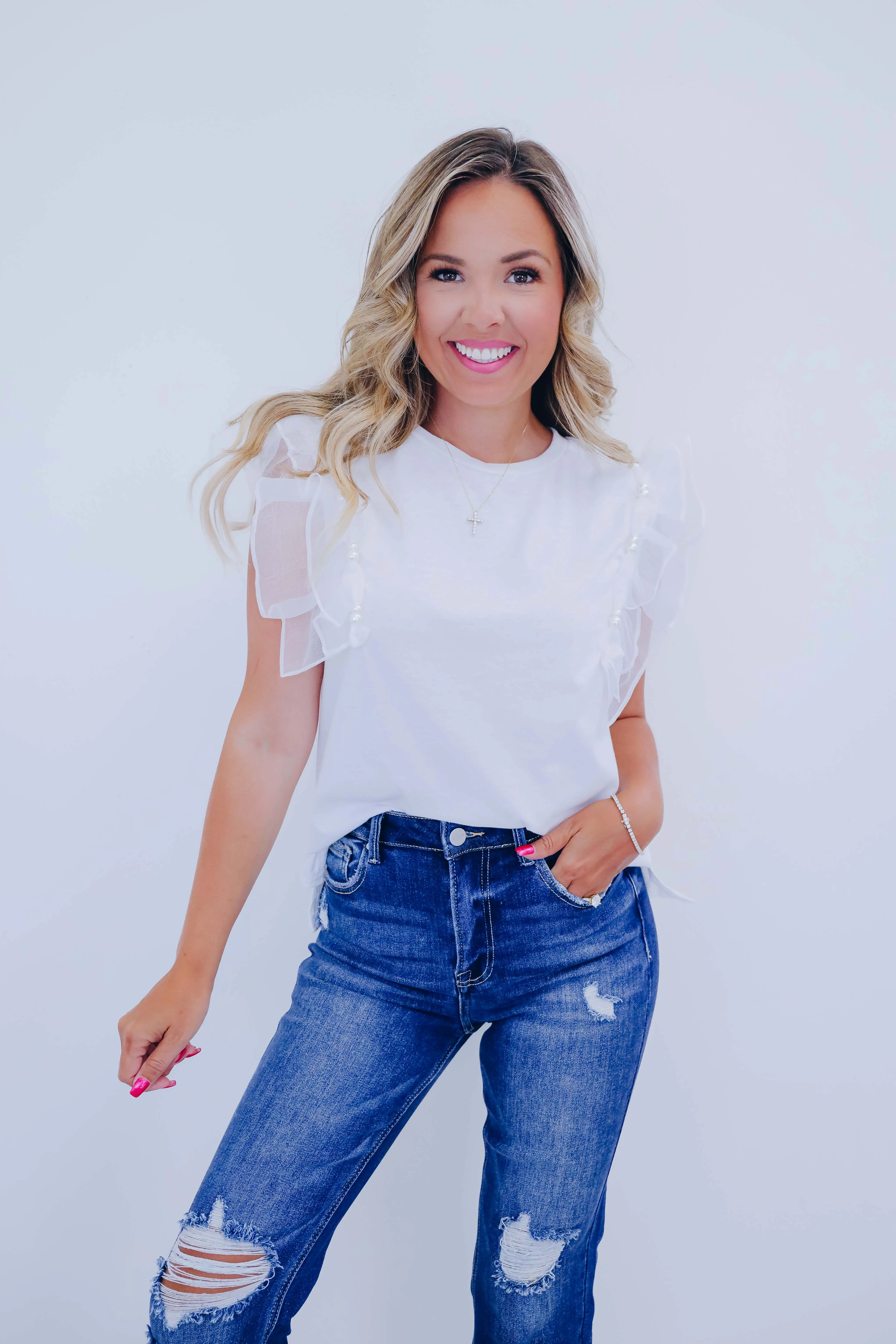 Beaded Bliss Ruffle Shoulder Top - 4 Colors