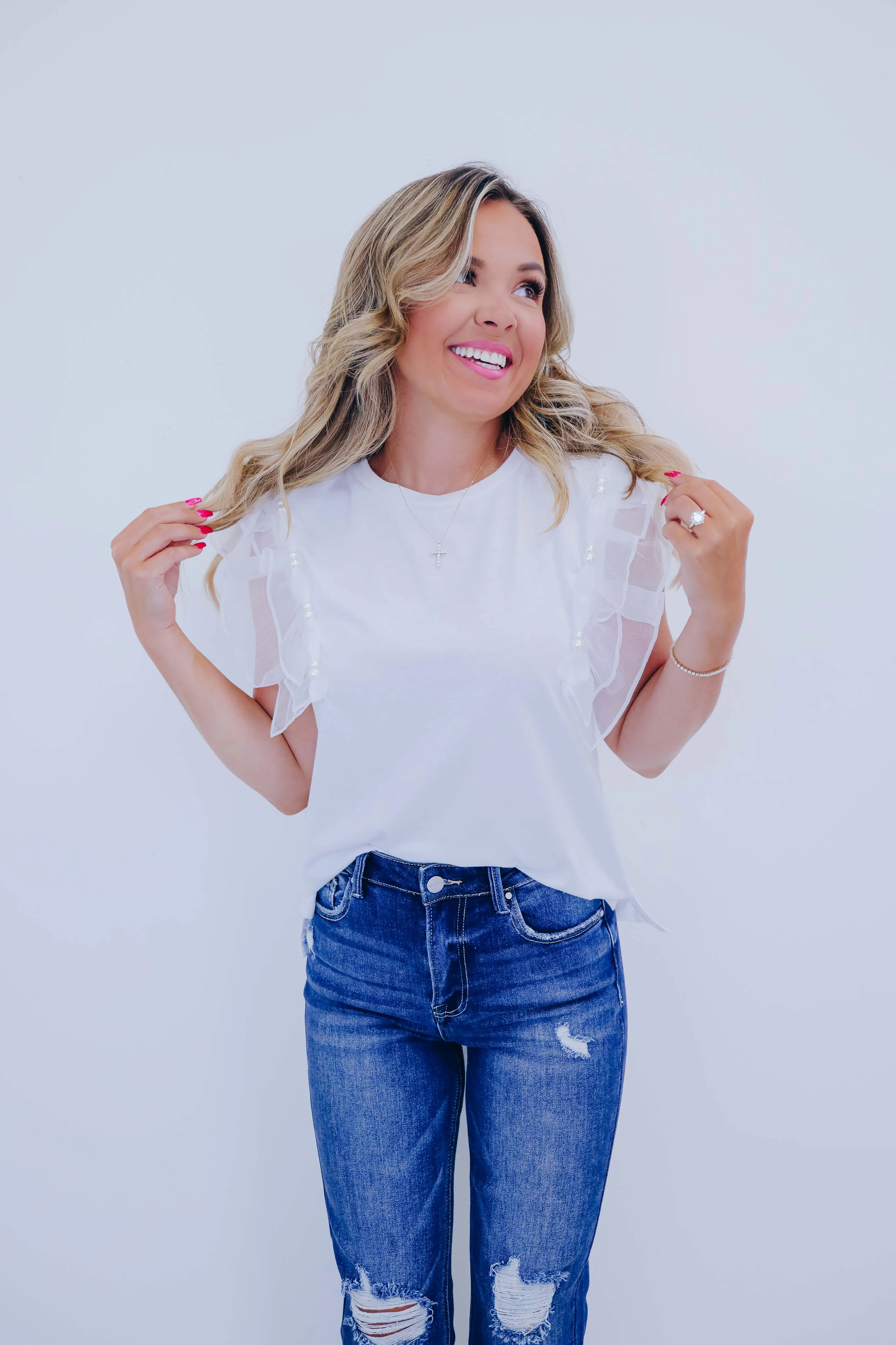 Beaded Bliss Ruffle Shoulder Top - 4 Colors