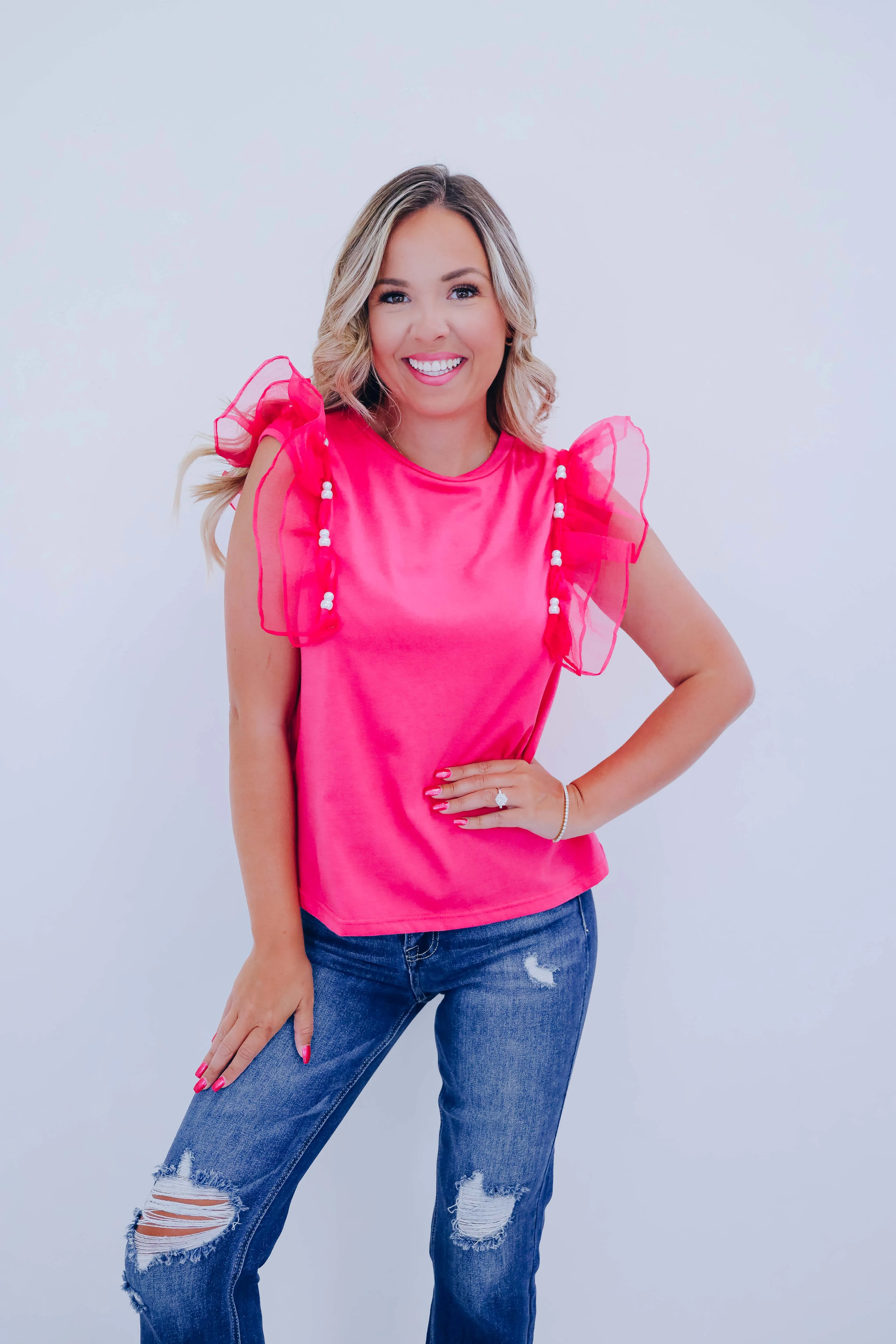 Beaded Bliss Ruffle Shoulder Top - 4 Colors