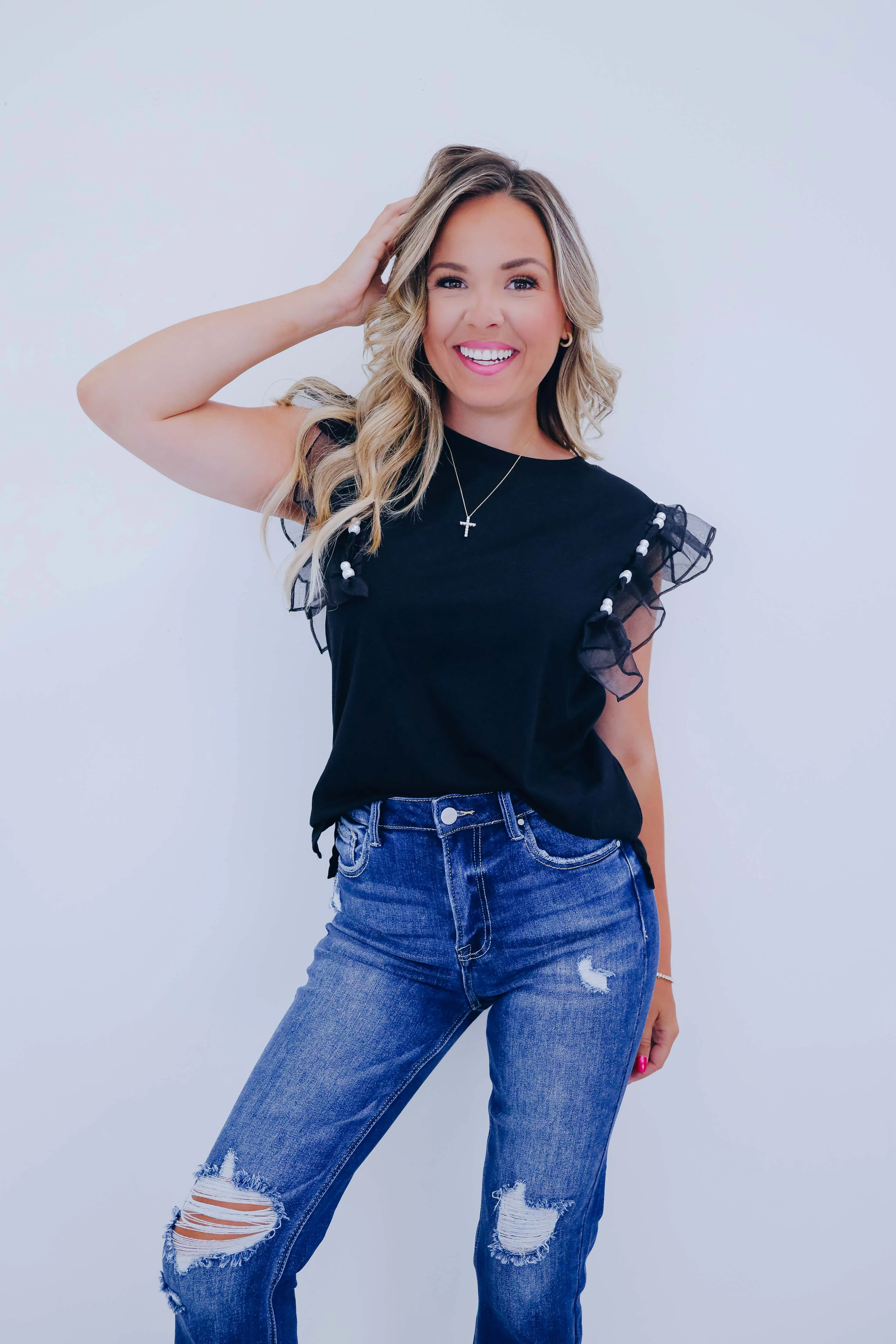 Beaded Bliss Ruffle Shoulder Top - 4 Colors