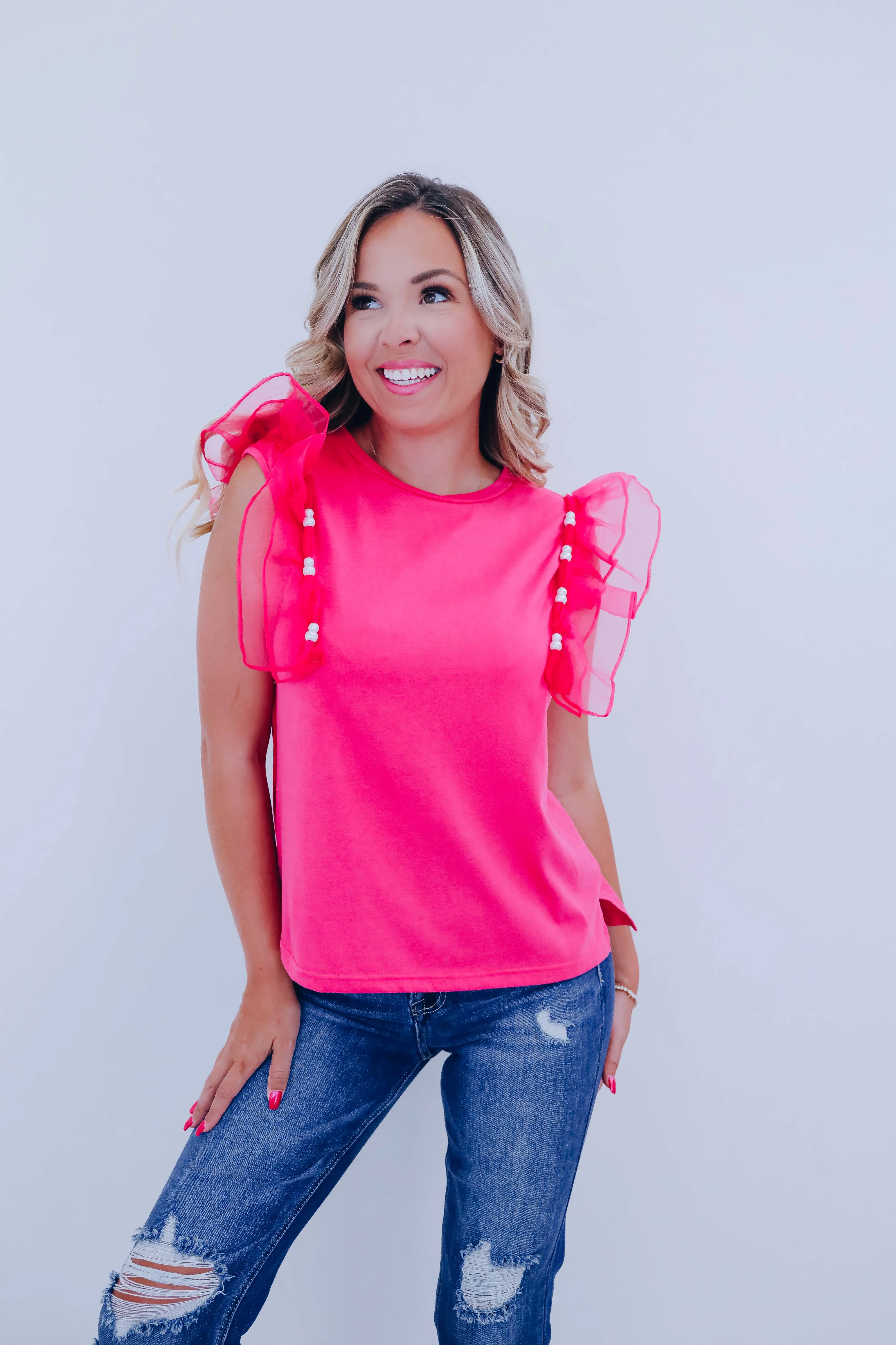 Beaded Bliss Ruffle Shoulder Top - 4 Colors