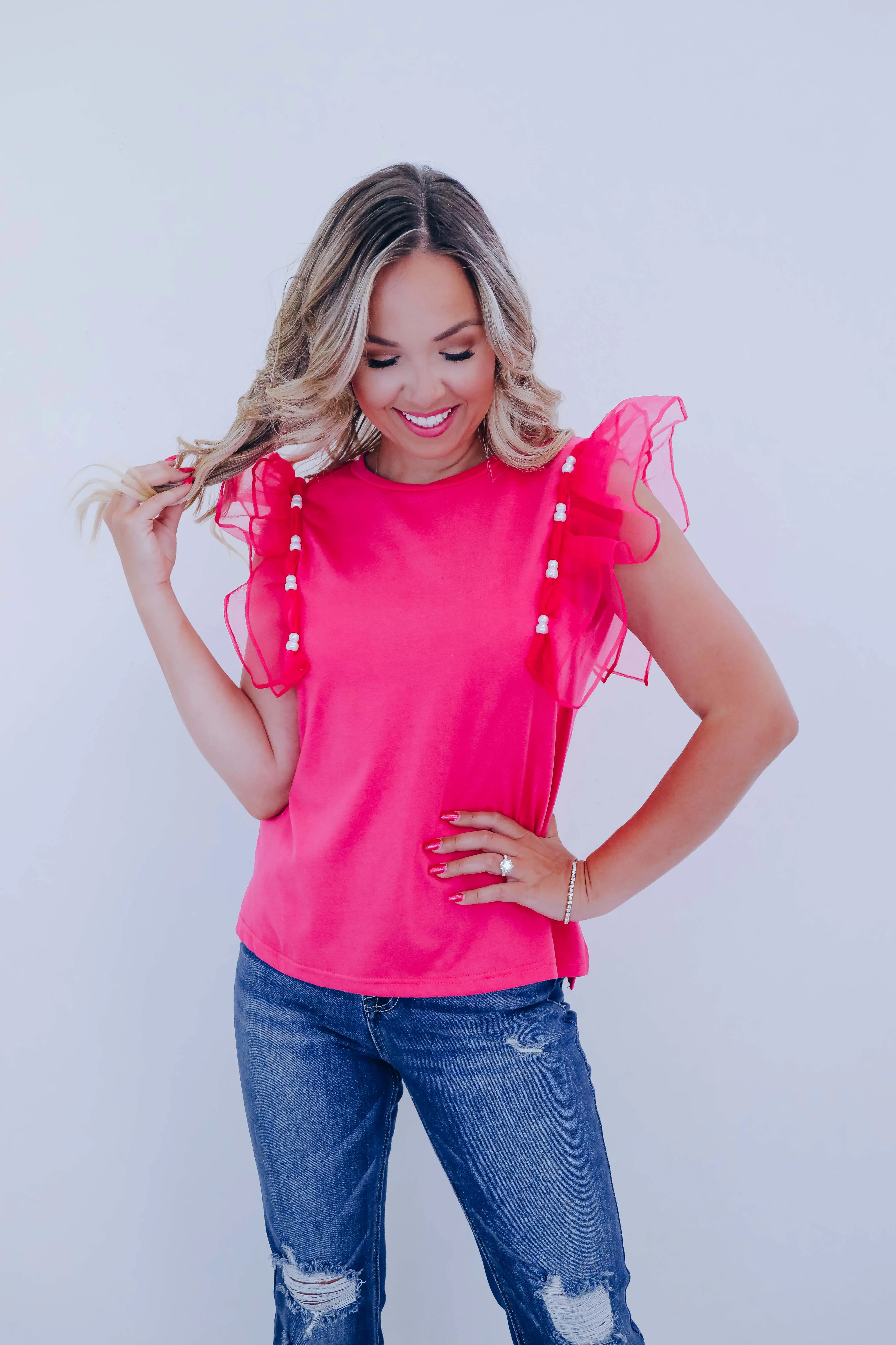 Beaded Bliss Ruffle Shoulder Top - 4 Colors