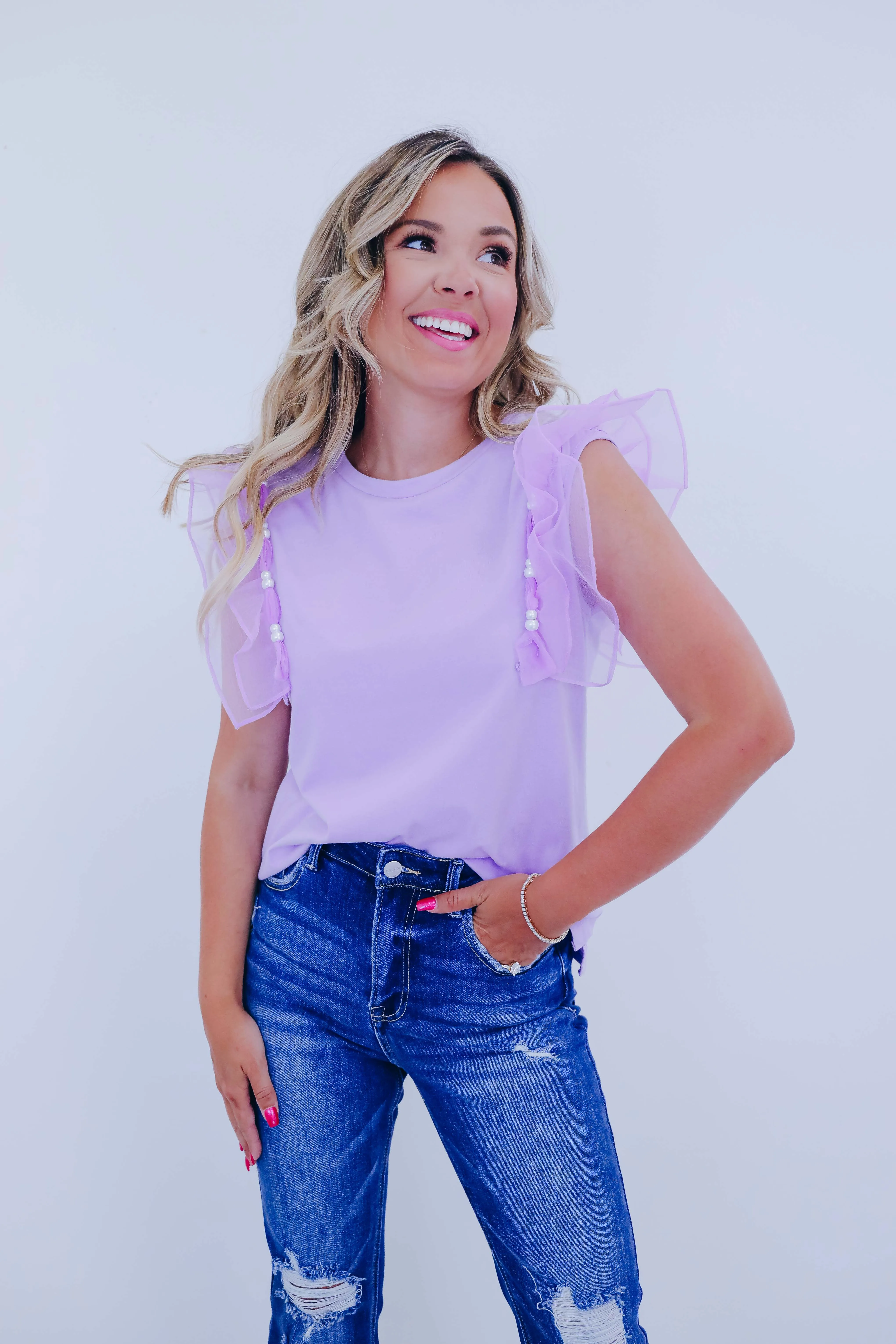 Beaded Bliss Ruffle Shoulder Top - 4 Colors
