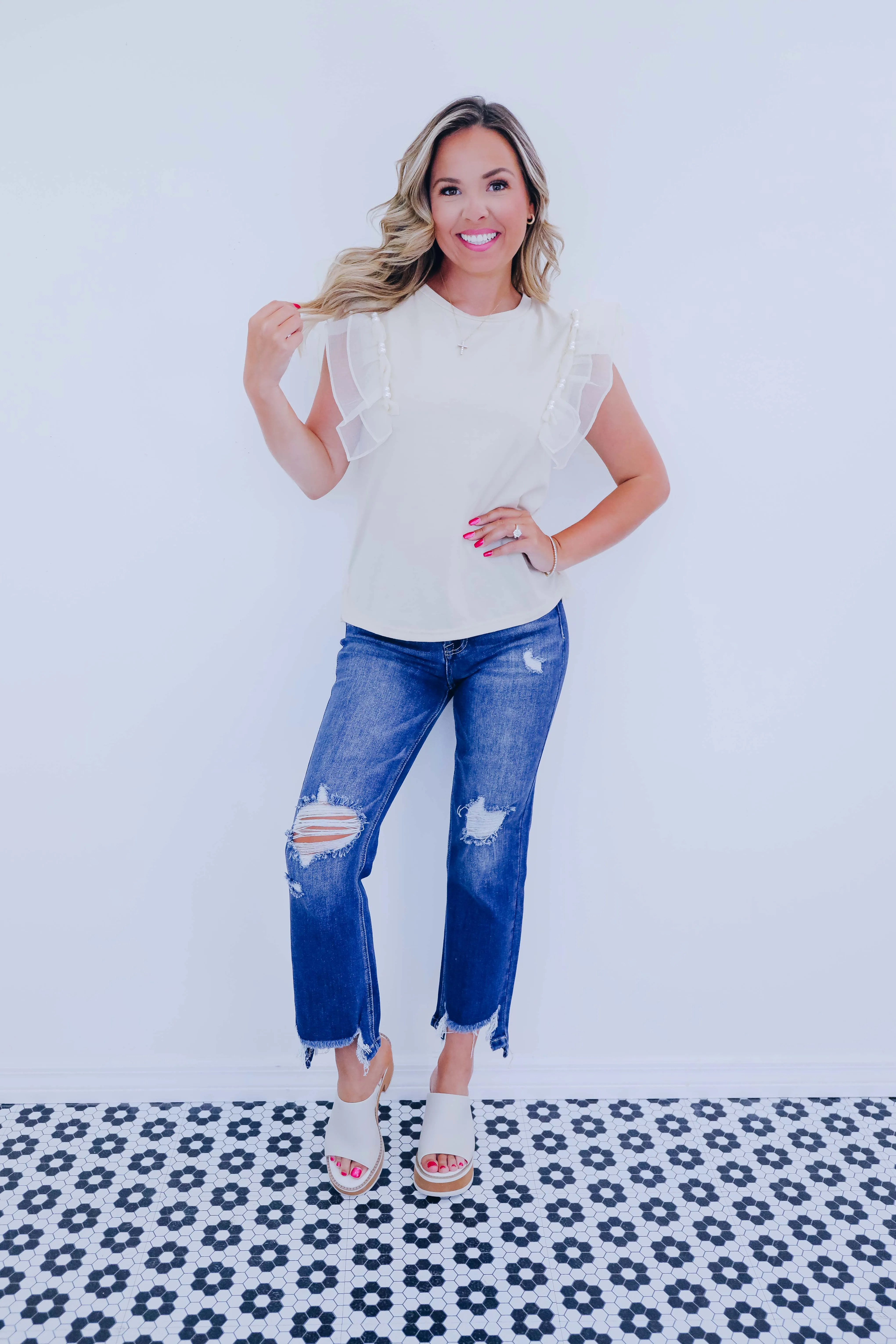 Beaded Bliss Ruffle Shoulder Top - 4 Colors