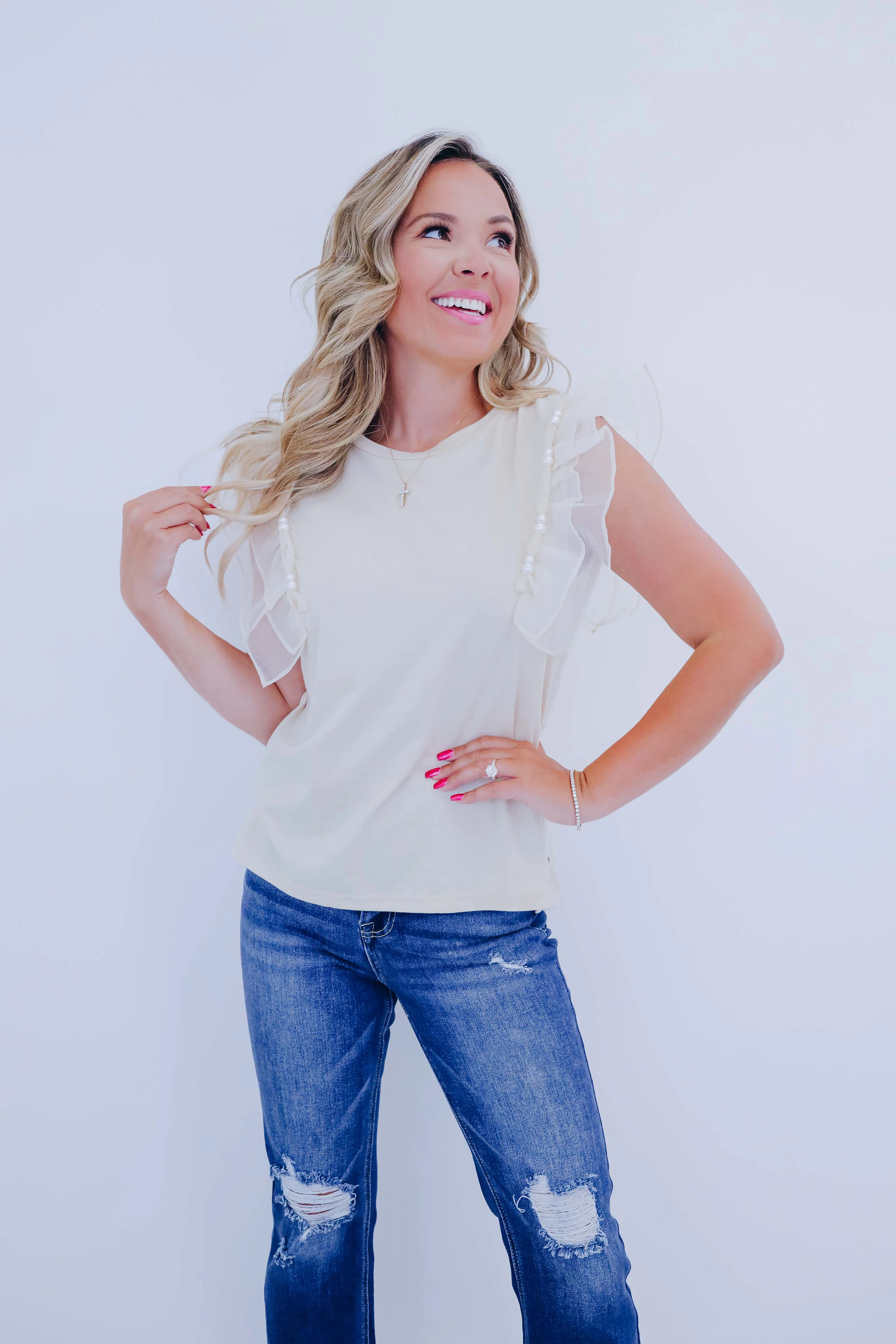 Beaded Bliss Ruffle Shoulder Top - 4 Colors