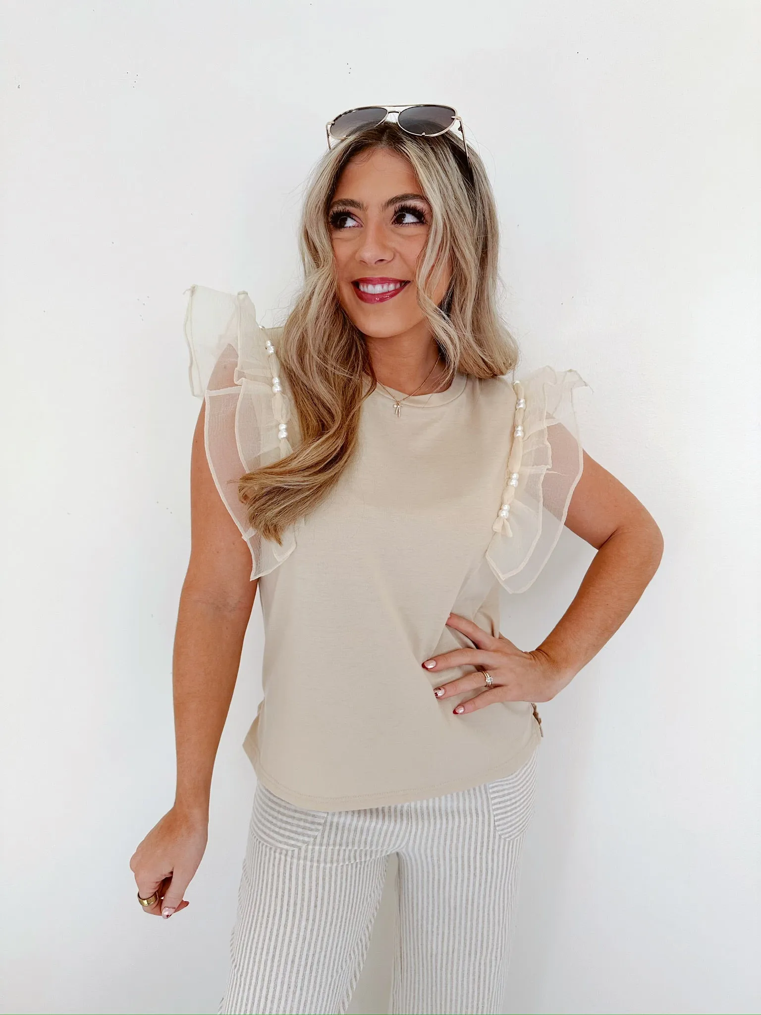 Beaded Bliss Ruffle Shoulder Top - Oatmeal