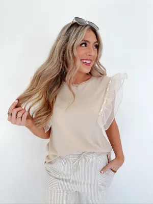 Beaded Bliss Ruffle Shoulder Top - Oatmeal