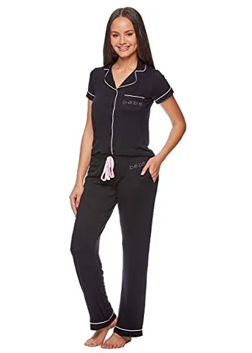 bebe Women's Black Short Sleeve Shirt and Pajama Pants Set, Large
