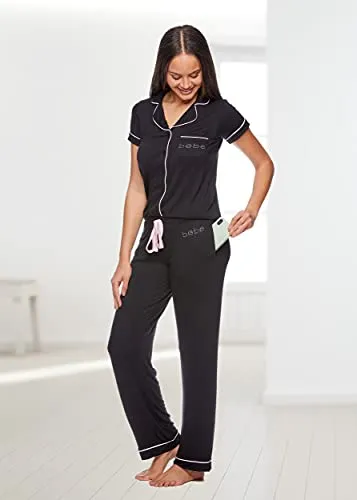 bebe Women's Black Short Sleeve Shirt and Pajama Pants Set, Large