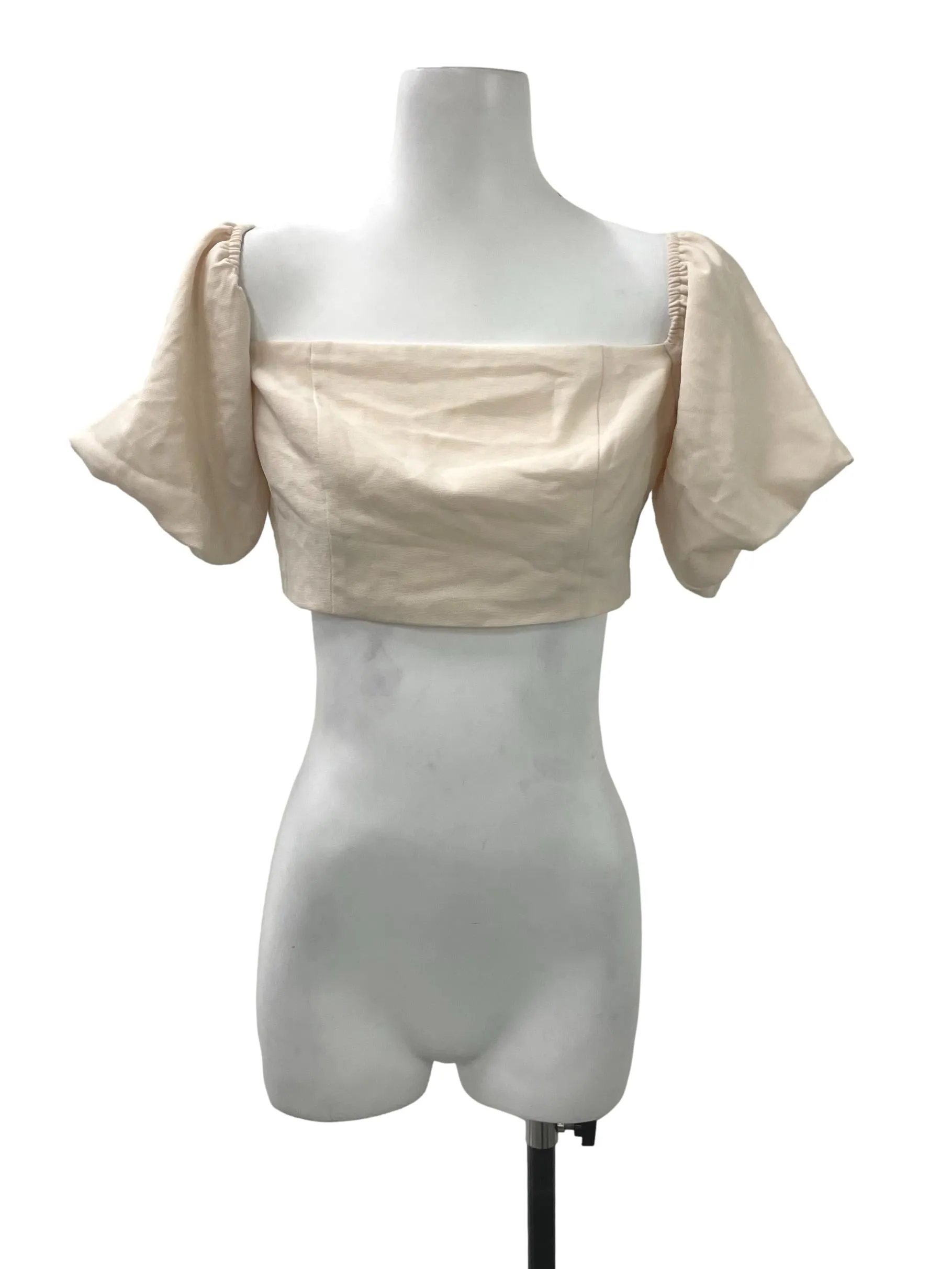 Beige Puff Sleeve Square Neck Crop Top