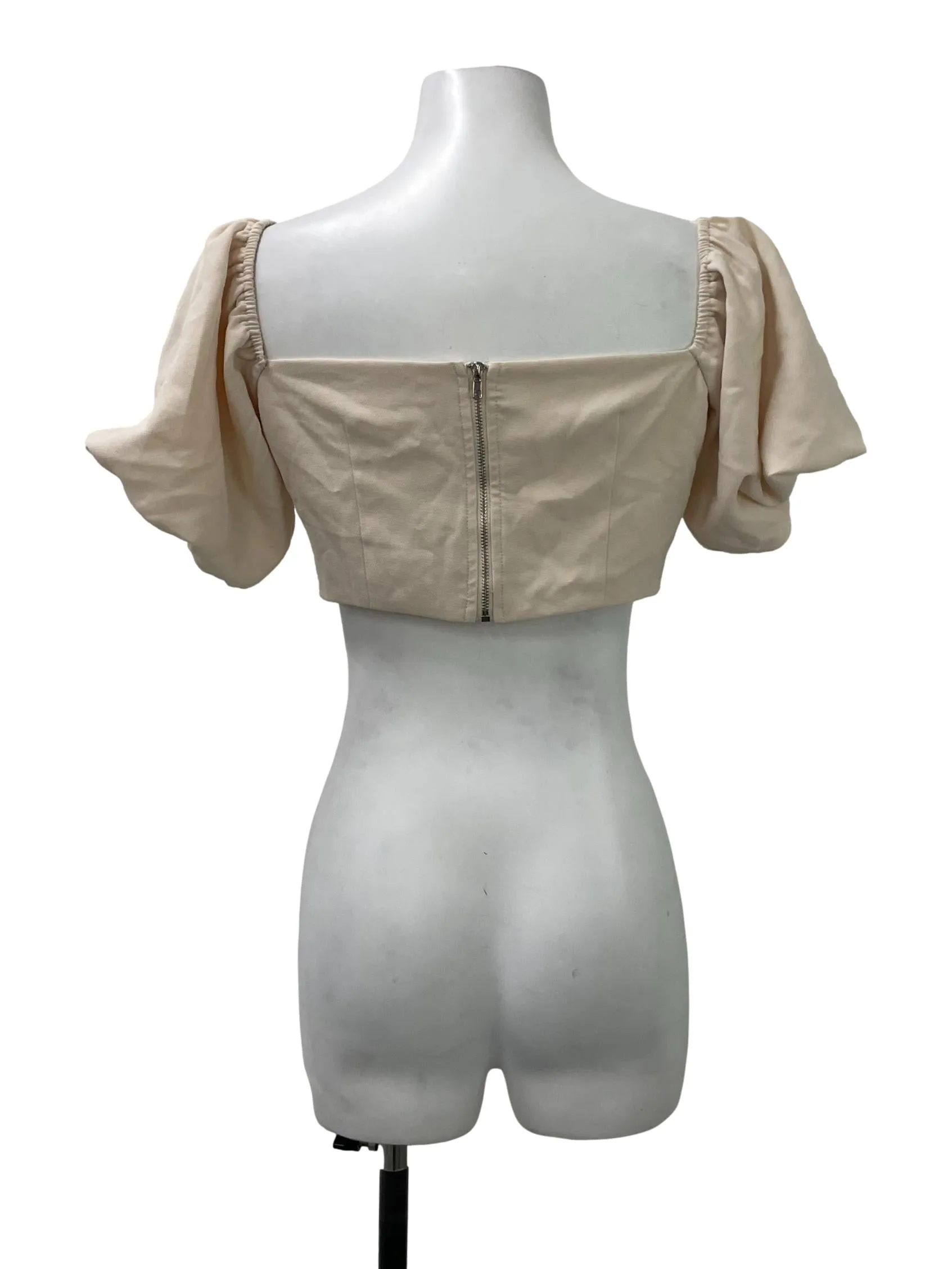 Beige Puff Sleeve Square Neck Crop Top