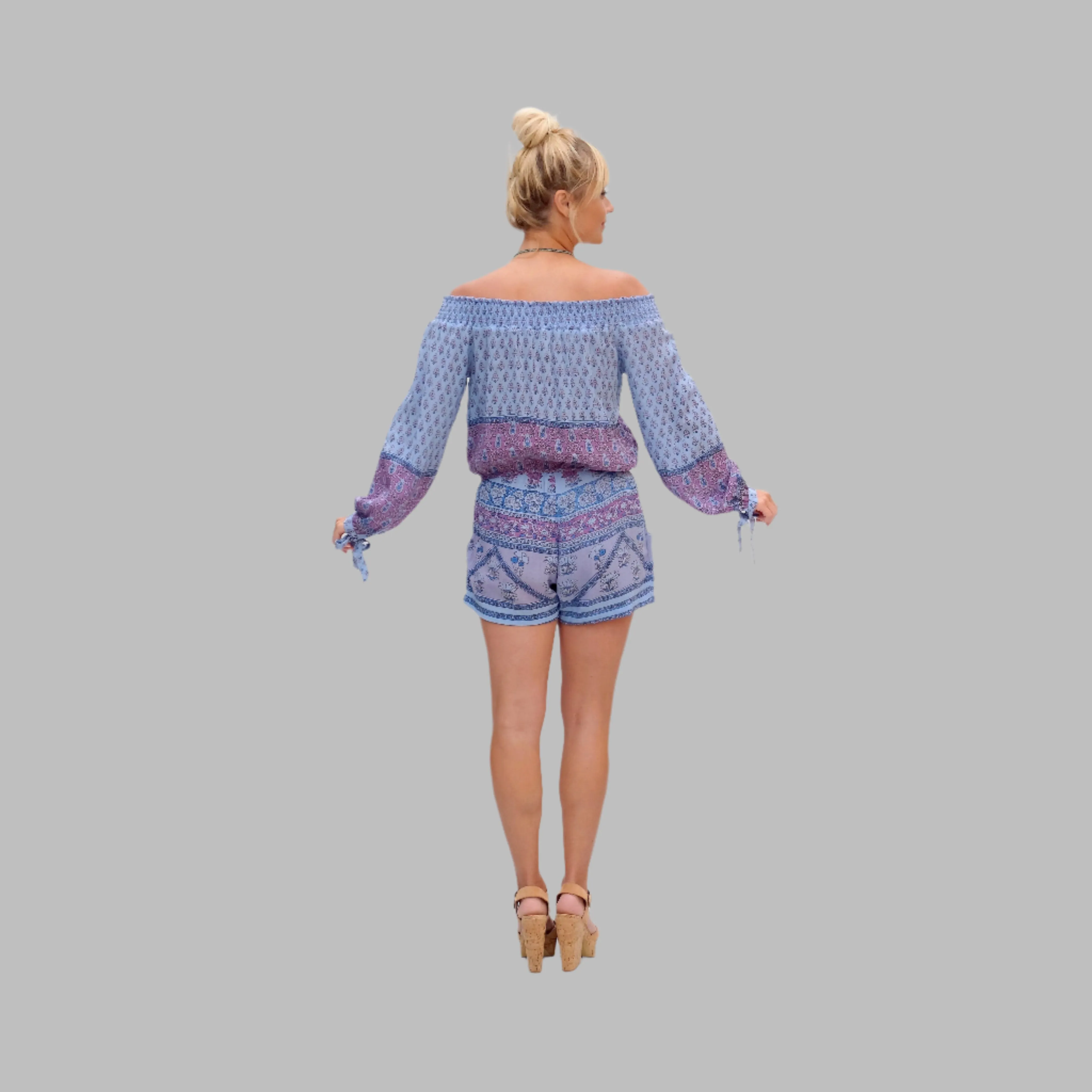 Bella Printed Off Shoulder Romper Blue