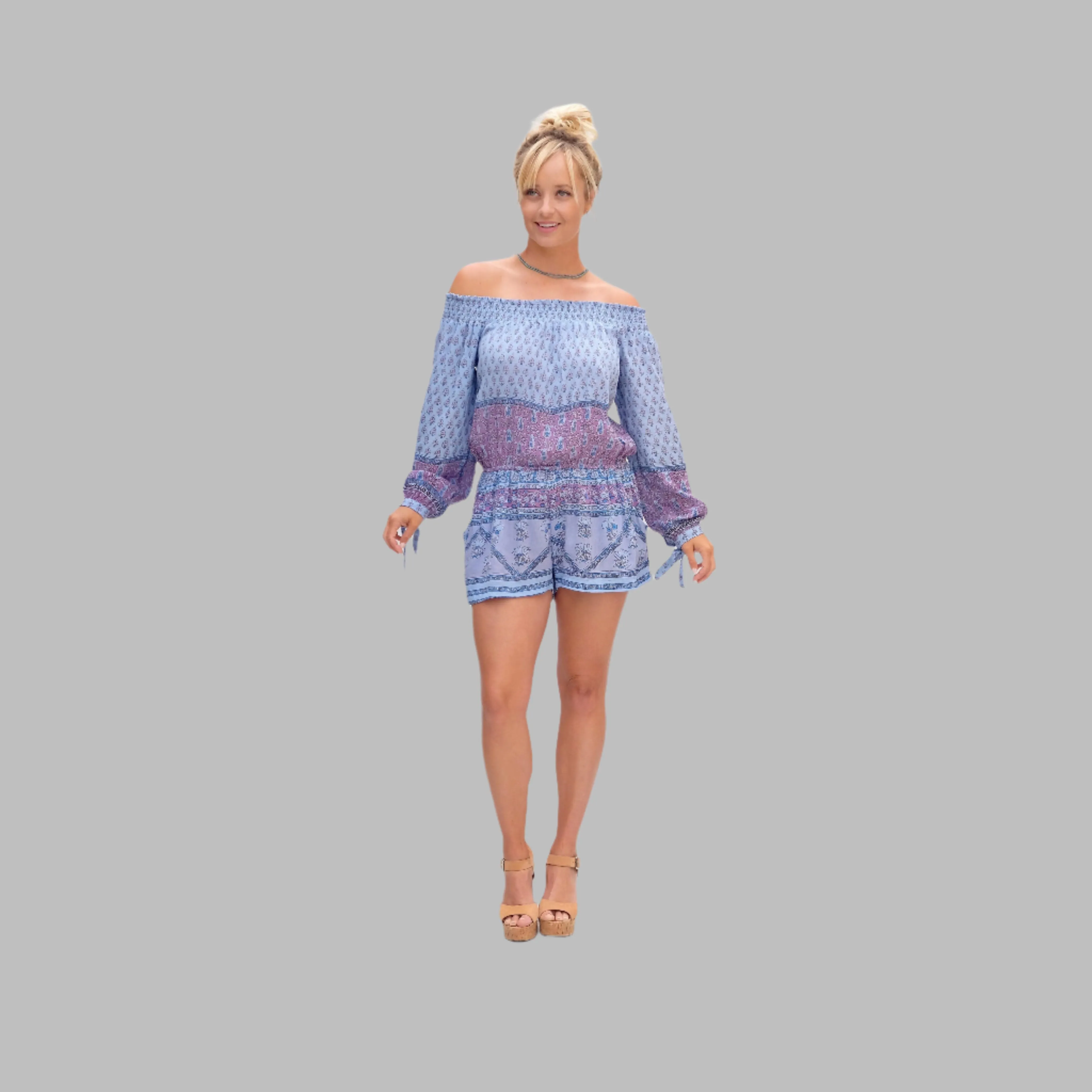 Bella Printed Off Shoulder Romper Blue