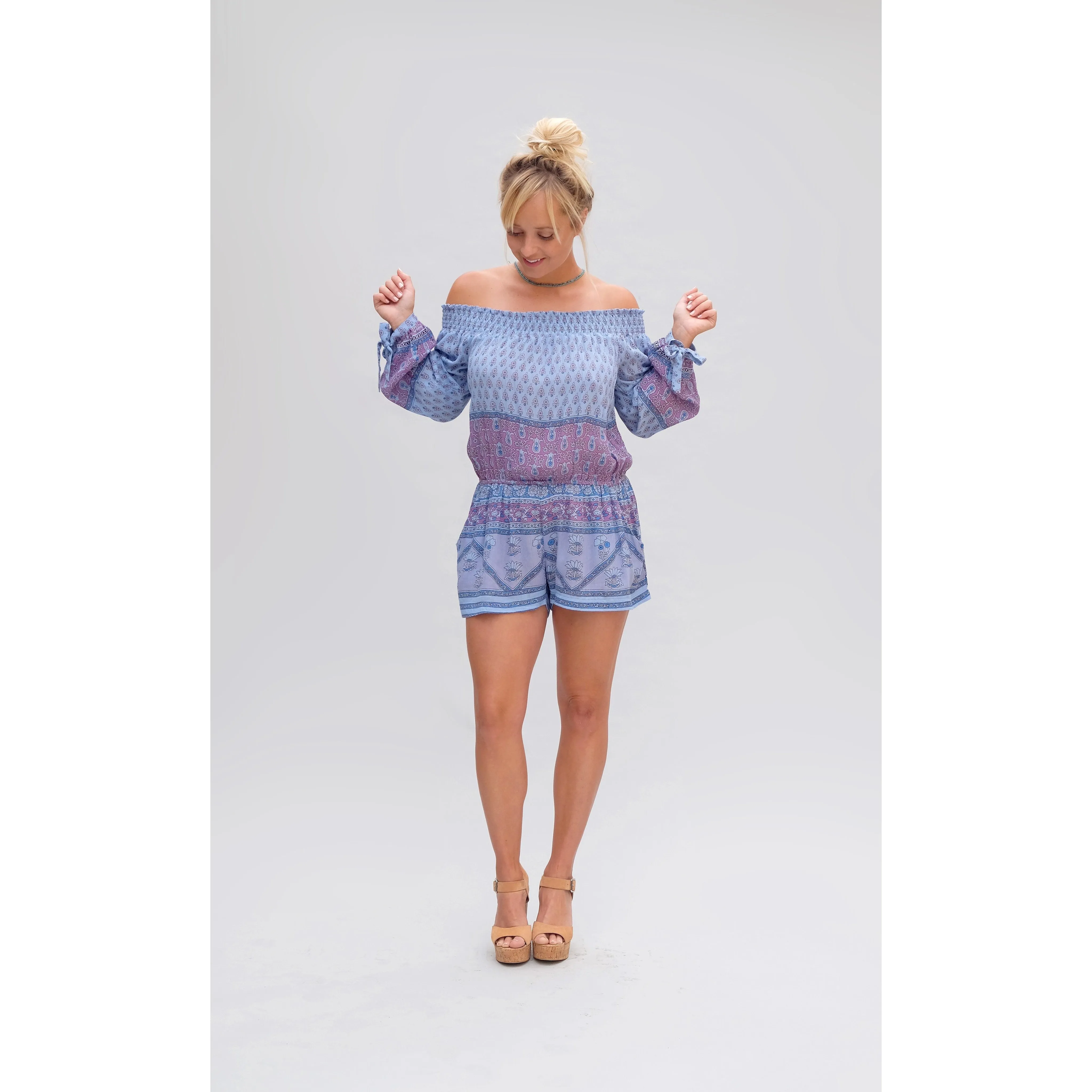 Bella Printed Off Shoulder Romper Blue
