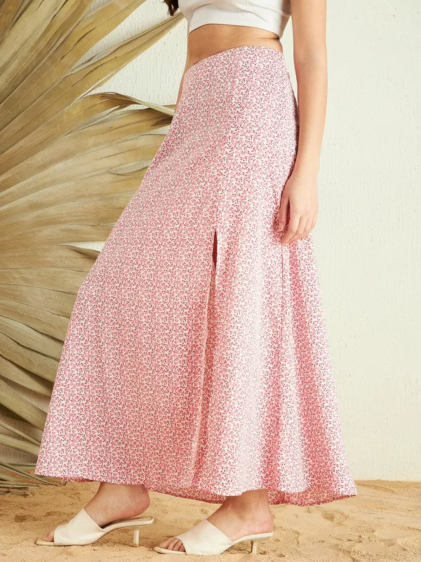 Berrylush Women Pink & White Floral Printed High-Rise Waist Crepe Side-Slit Flared A-Line Maxi Skirt