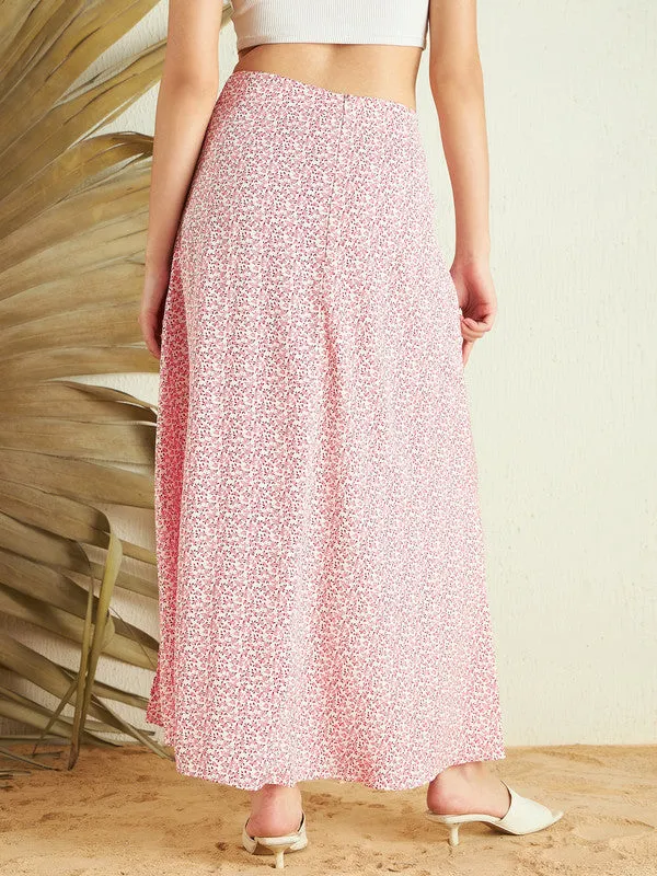 Berrylush Women Pink & White Floral Printed High-Rise Waist Crepe Side-Slit Flared A-Line Maxi Skirt