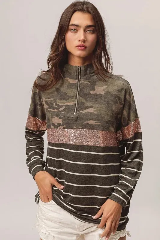 BiBi Camouflage French Terry Knit Top