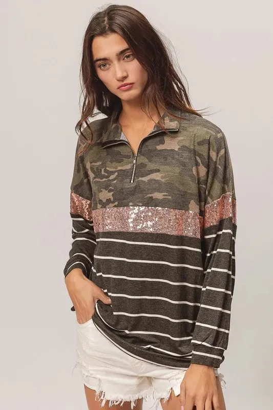 BiBi Camouflage French Terry Knit Top