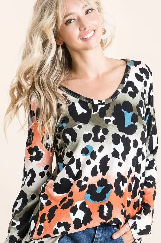BiBi Gradation Leopard Print Soft Knit Deep U Neck Top