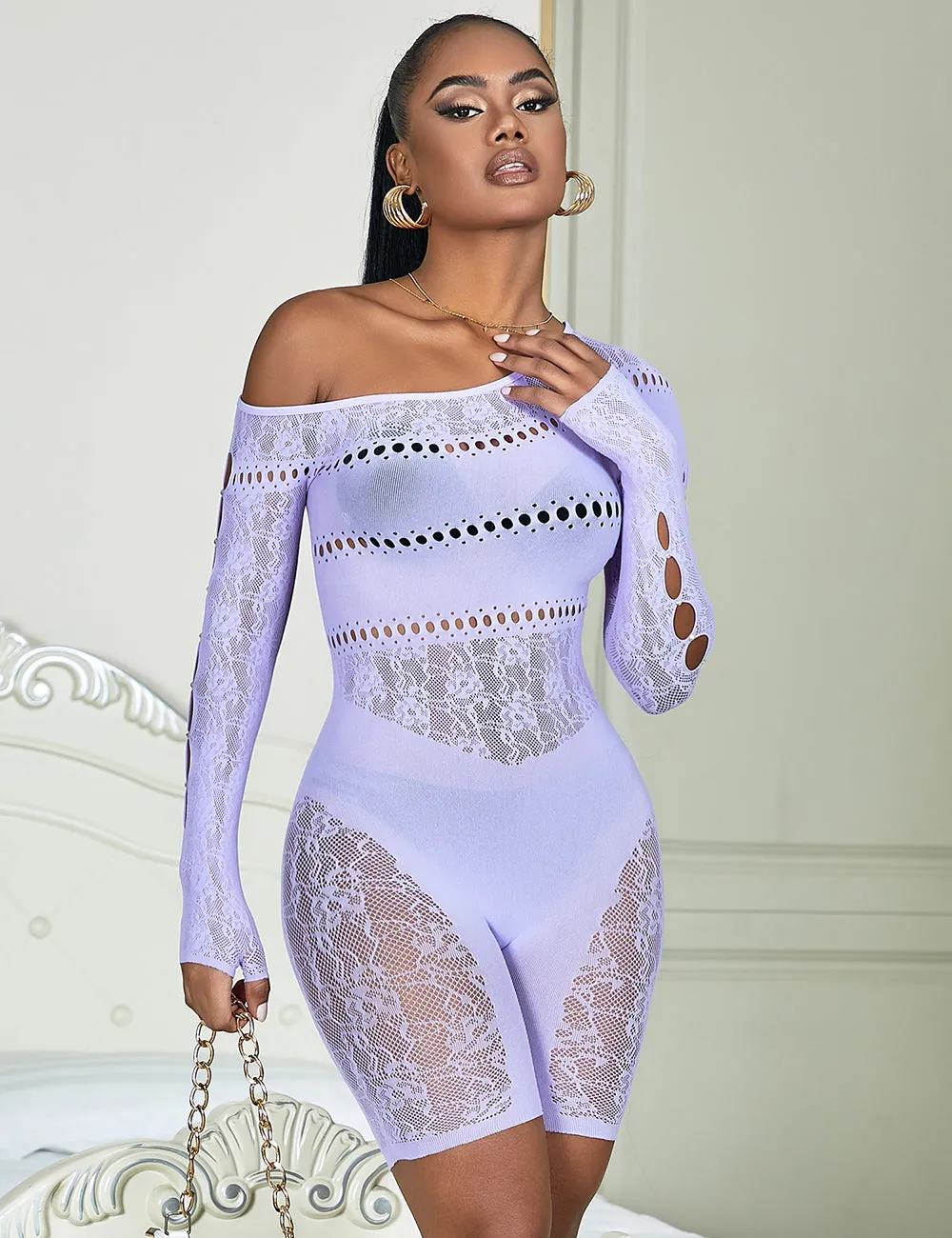 Black & Purple & White Long-Sleeved One Shoulder Sexy Mesh Bodystocking