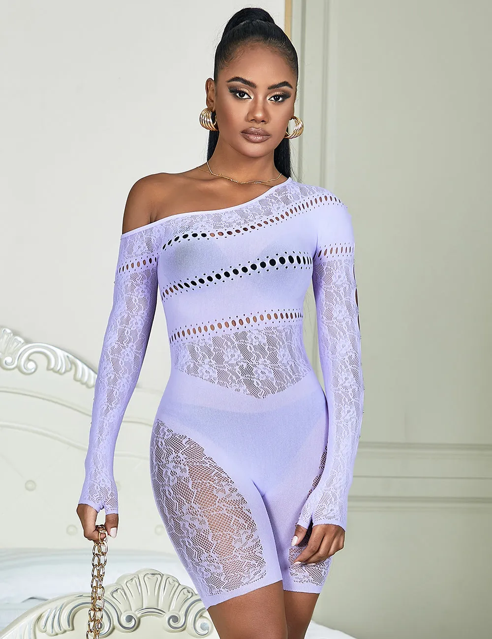 Black & Purple & White Long-Sleeved One Shoulder Sexy Mesh Bodystocking