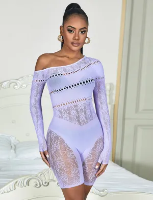 Black & Purple & White Long-Sleeved One Shoulder Sexy Mesh Bodystocking