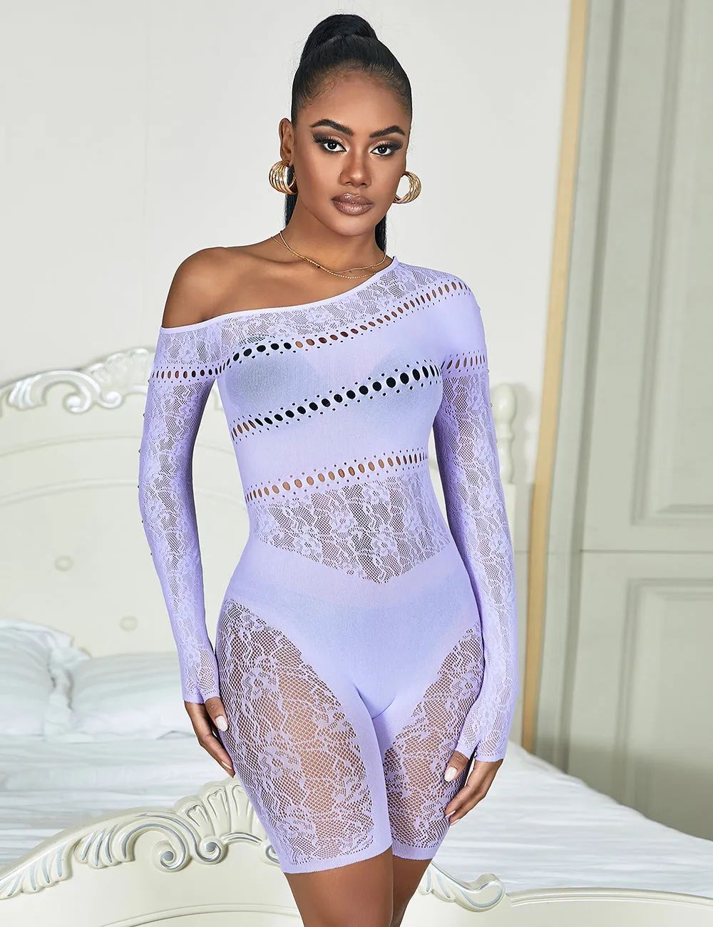 Black & Purple & White Long-Sleeved One Shoulder Sexy Mesh Bodystocking