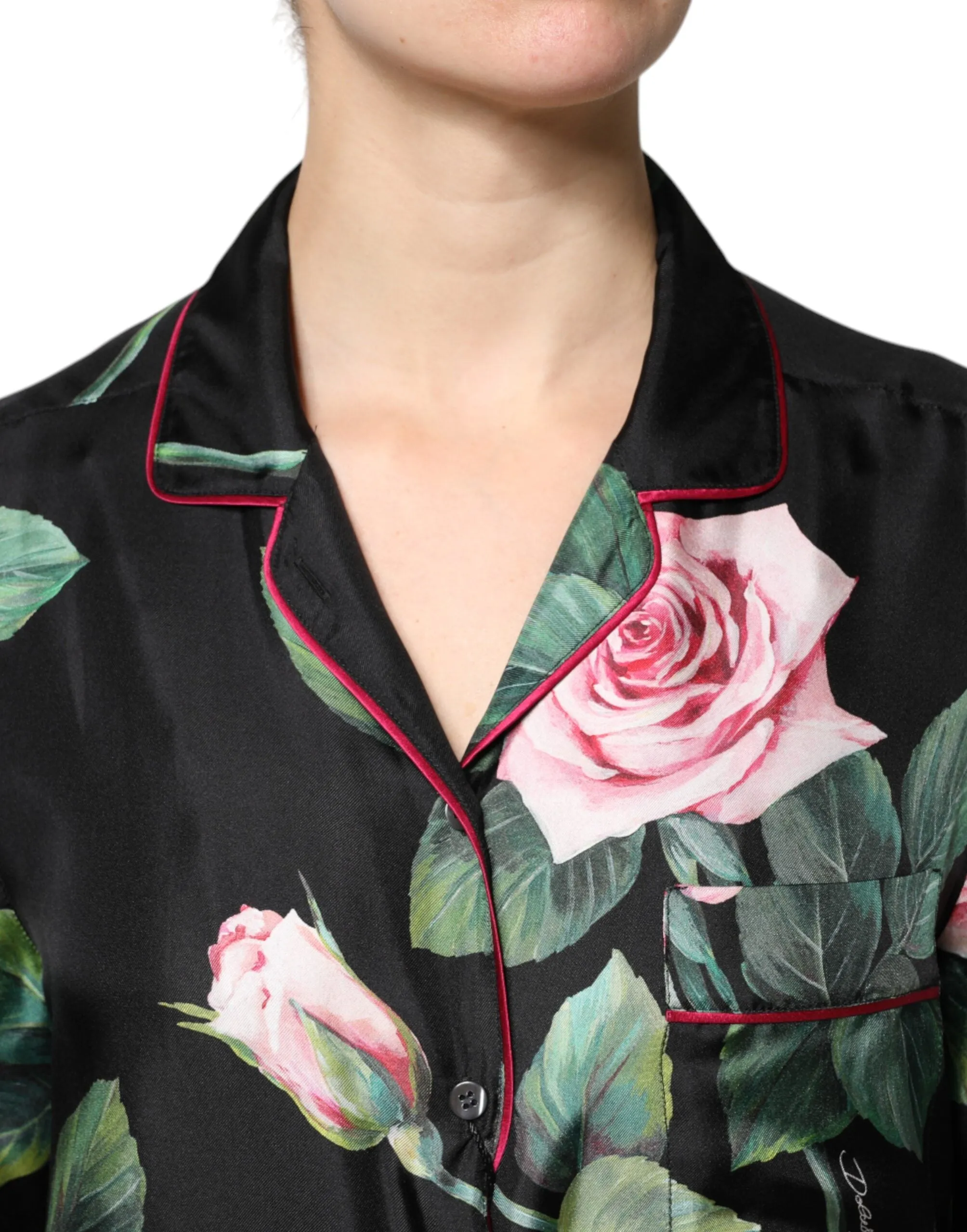 Black Floral Silk Lounge Sleepwear Blouse Top