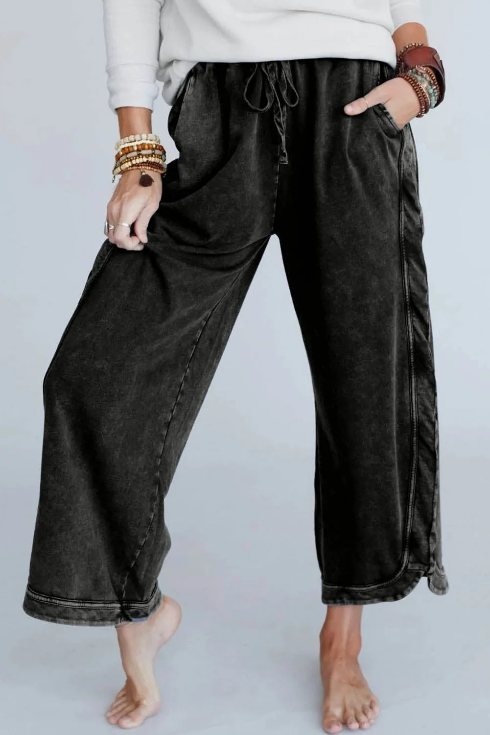 Black Mineral Wash Exposed Seam Wide Leg Pants