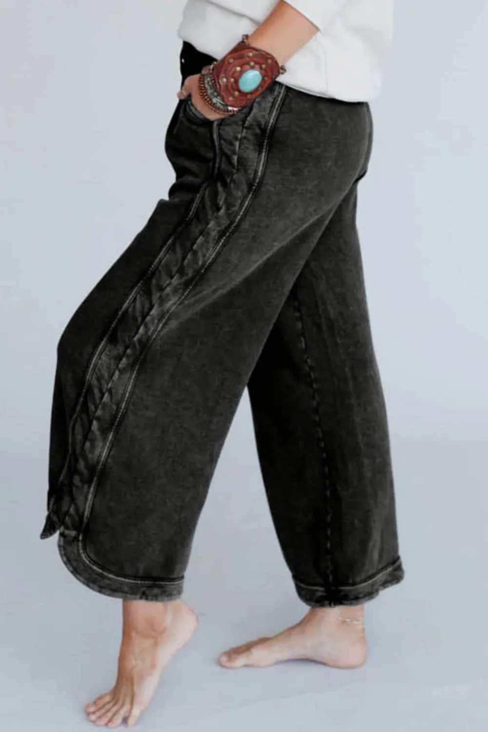 Black Mineral Wash Exposed Seam Wide Leg Pants