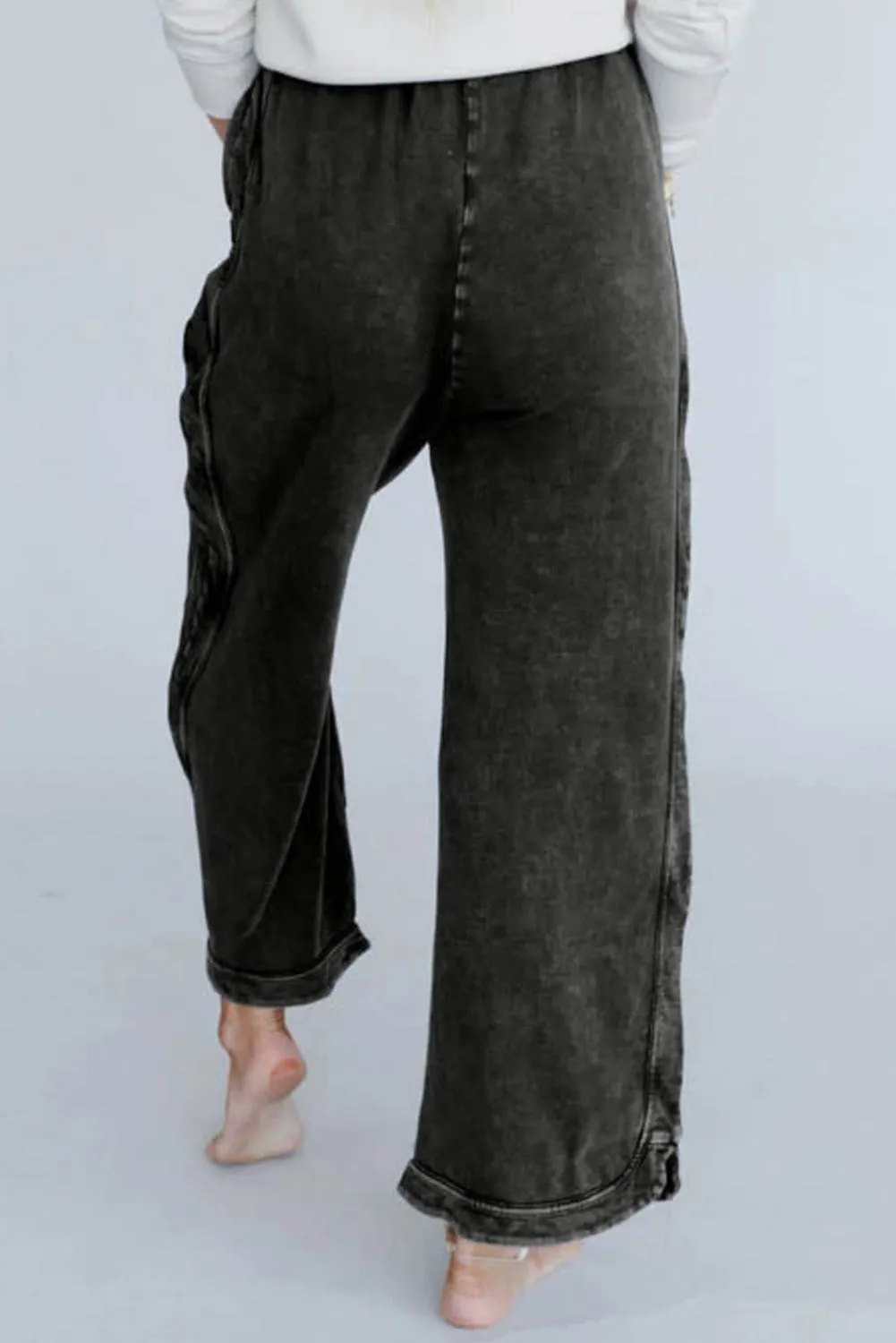 Black Mineral Wash Exposed Seam Wide Leg Pants