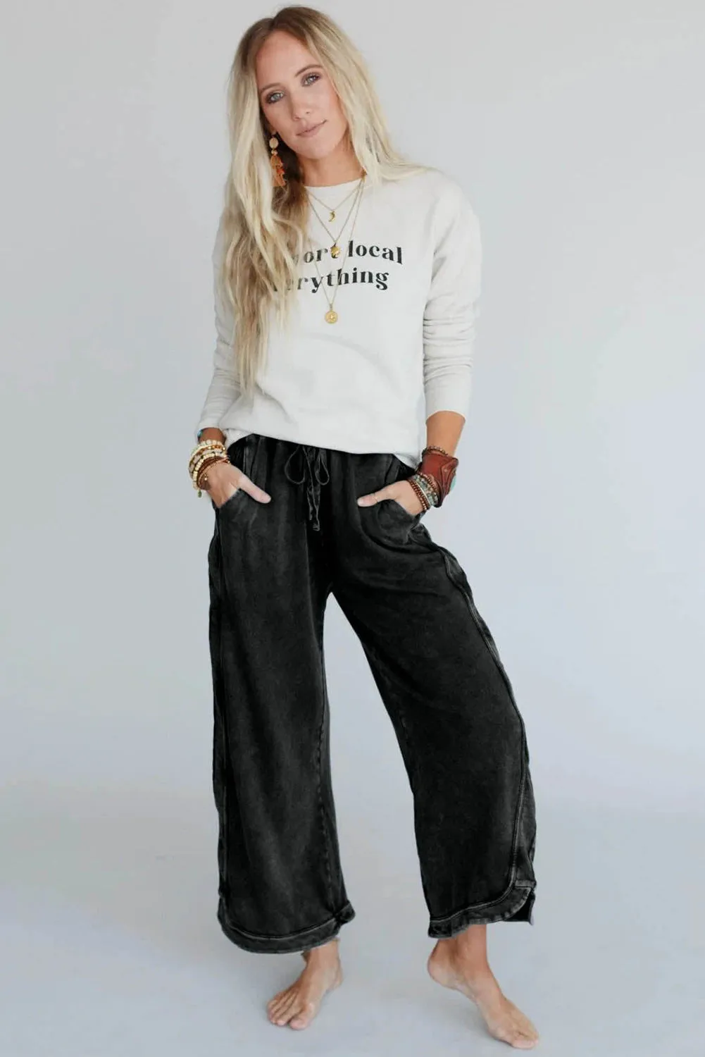 Black Mineral Wash Exposed Seam Wide Leg Pants