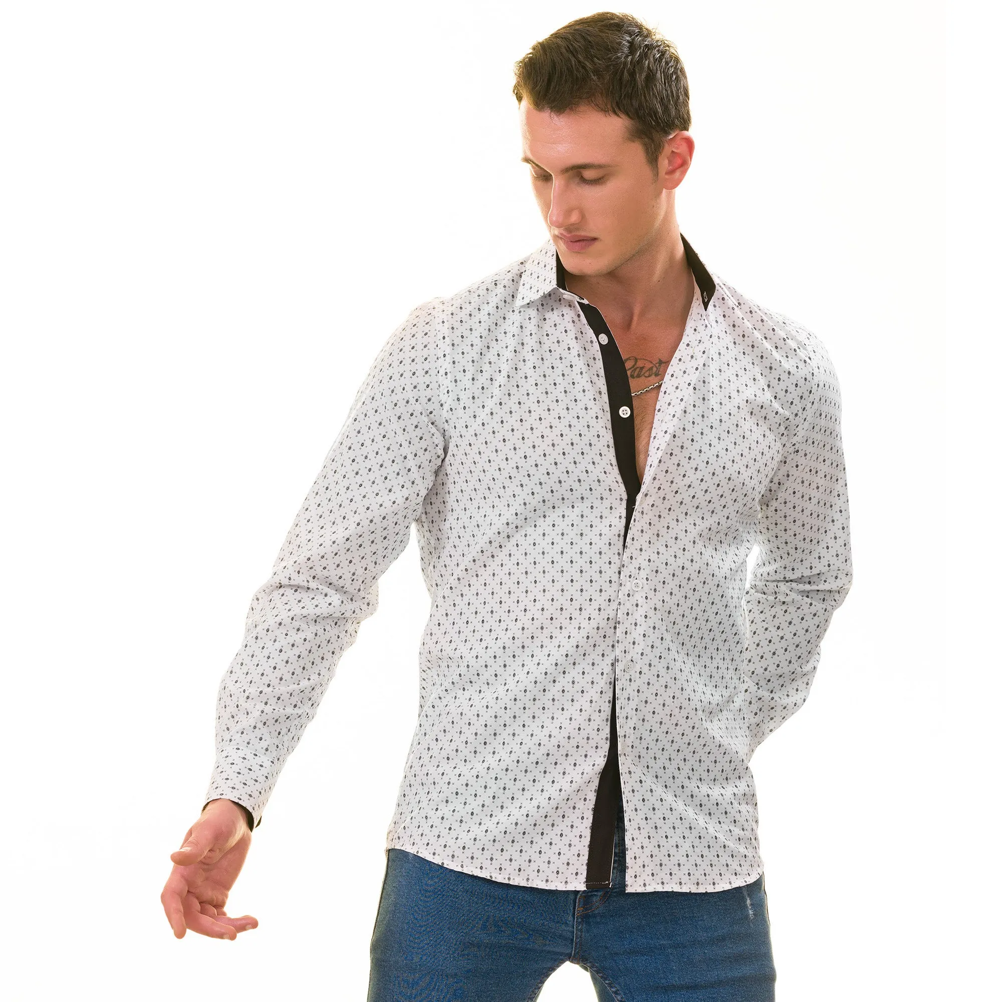 Black Printed White Slim Fit Designer Dress Shirt - tailored Cotton Shirts for Work